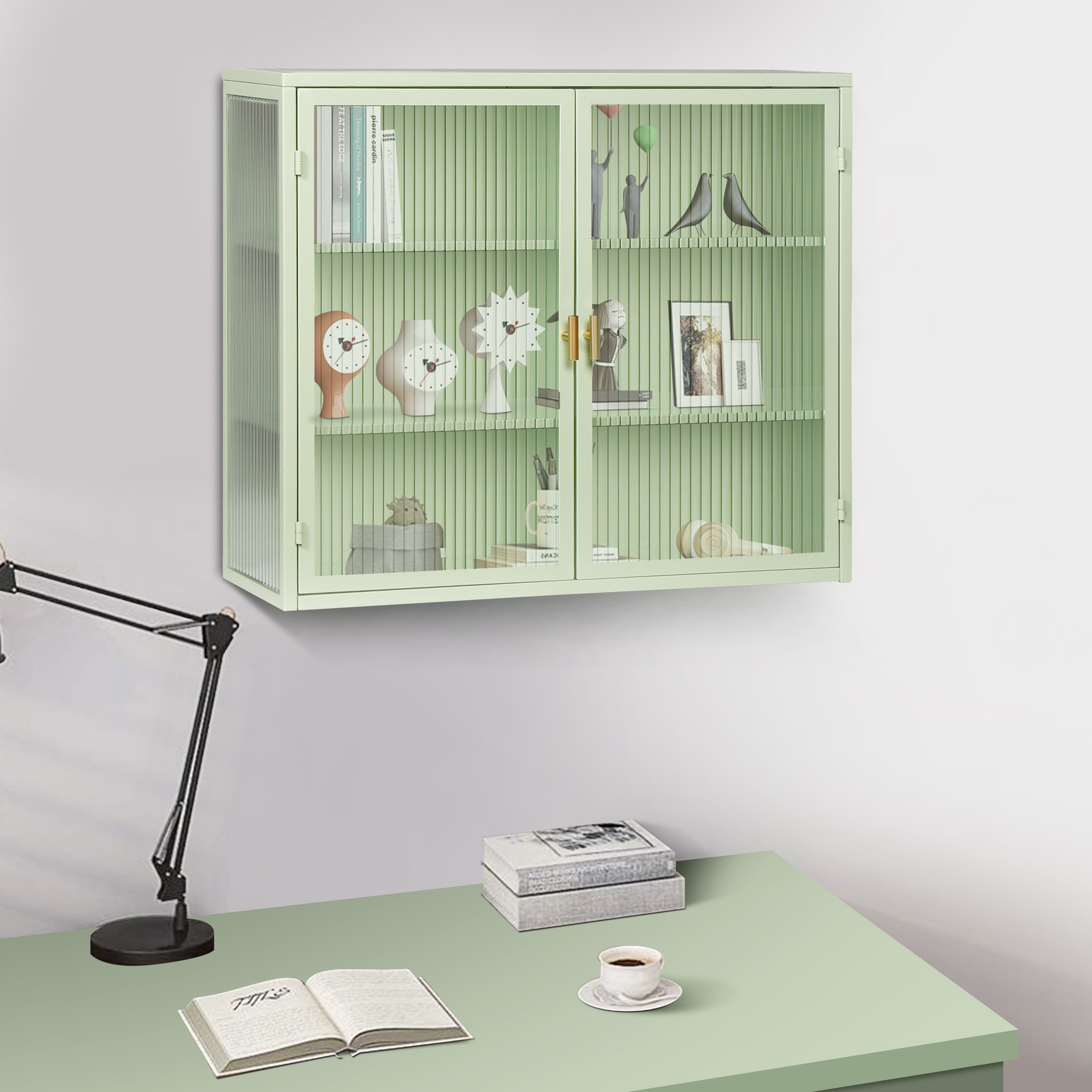 Moderne Wandschrank mit zwei Türen, Glasfront und dreistufigen Regalen für Flur, Wohnzimmer, Bad und Esszimmer, Grün