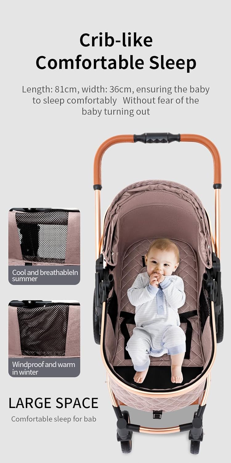 YAZOCO kinderwagen 3 in 1, Zusammenklappbar kinderwagen mit Wickeltasche,Komplettset Becherhalter,Moskitonetz, Fußabdeckung,Sitzzubehör (4 Rosa)