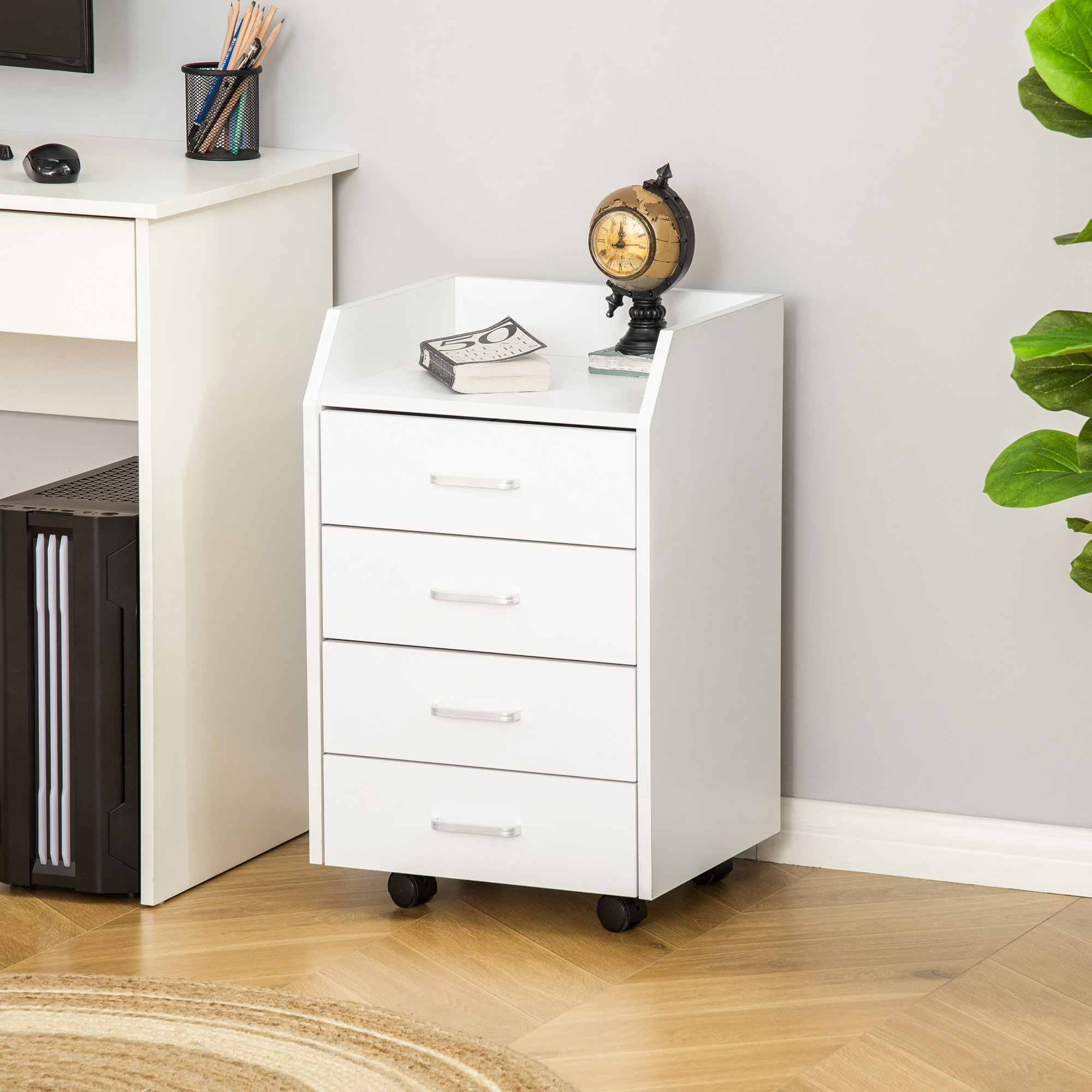 Vinsetto Bürocontainer Aufbewahrung auf Rollen 4 Schubladen MDF und Spanplatten dim. 40L x 36B x 65H cm weiß