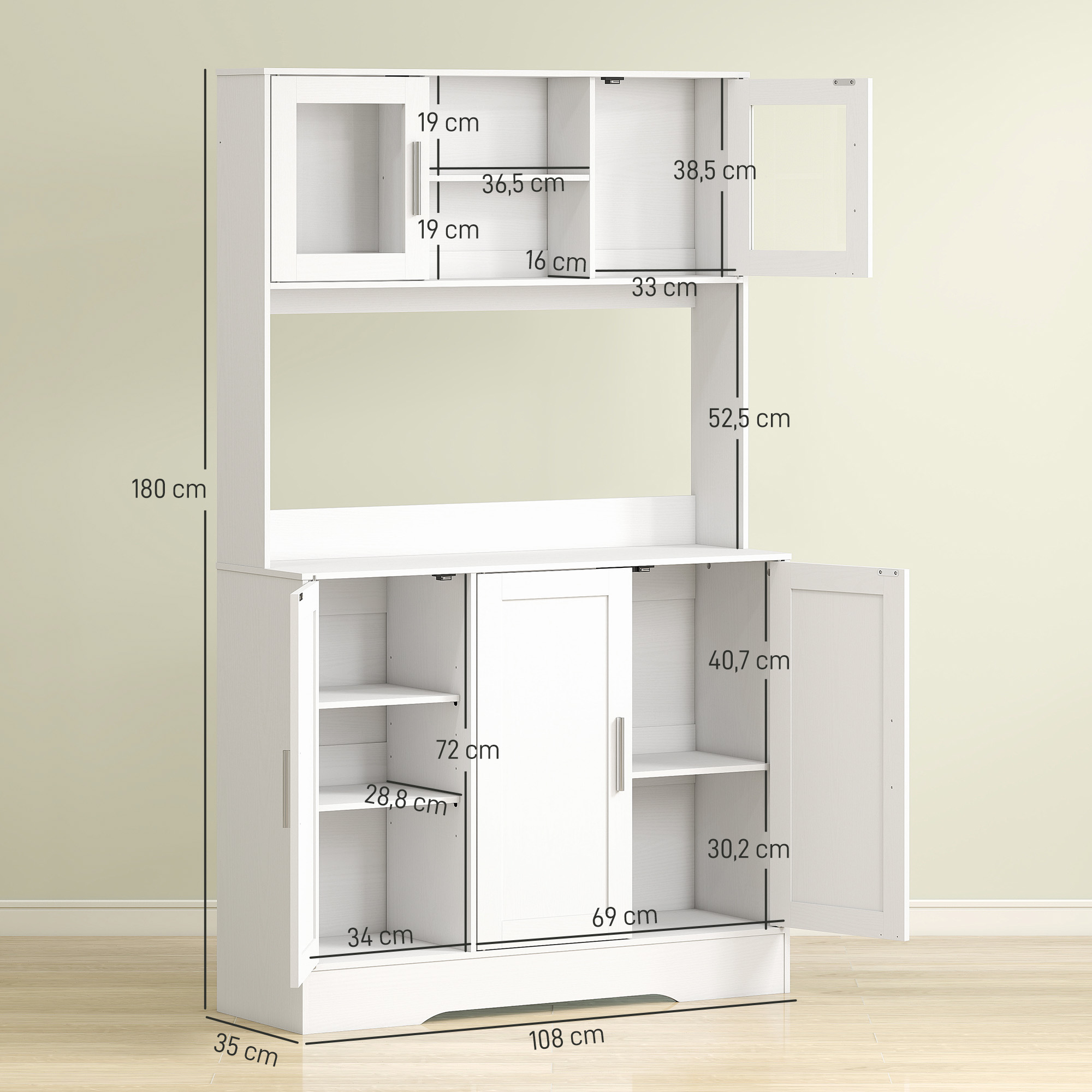 HOMCOM Keukenkast, Scandinavisch Design, 4 Kasten, Verstelbare Planken, Glazen Deuren, Open Vak, Spaanplaat, MDF, Wit