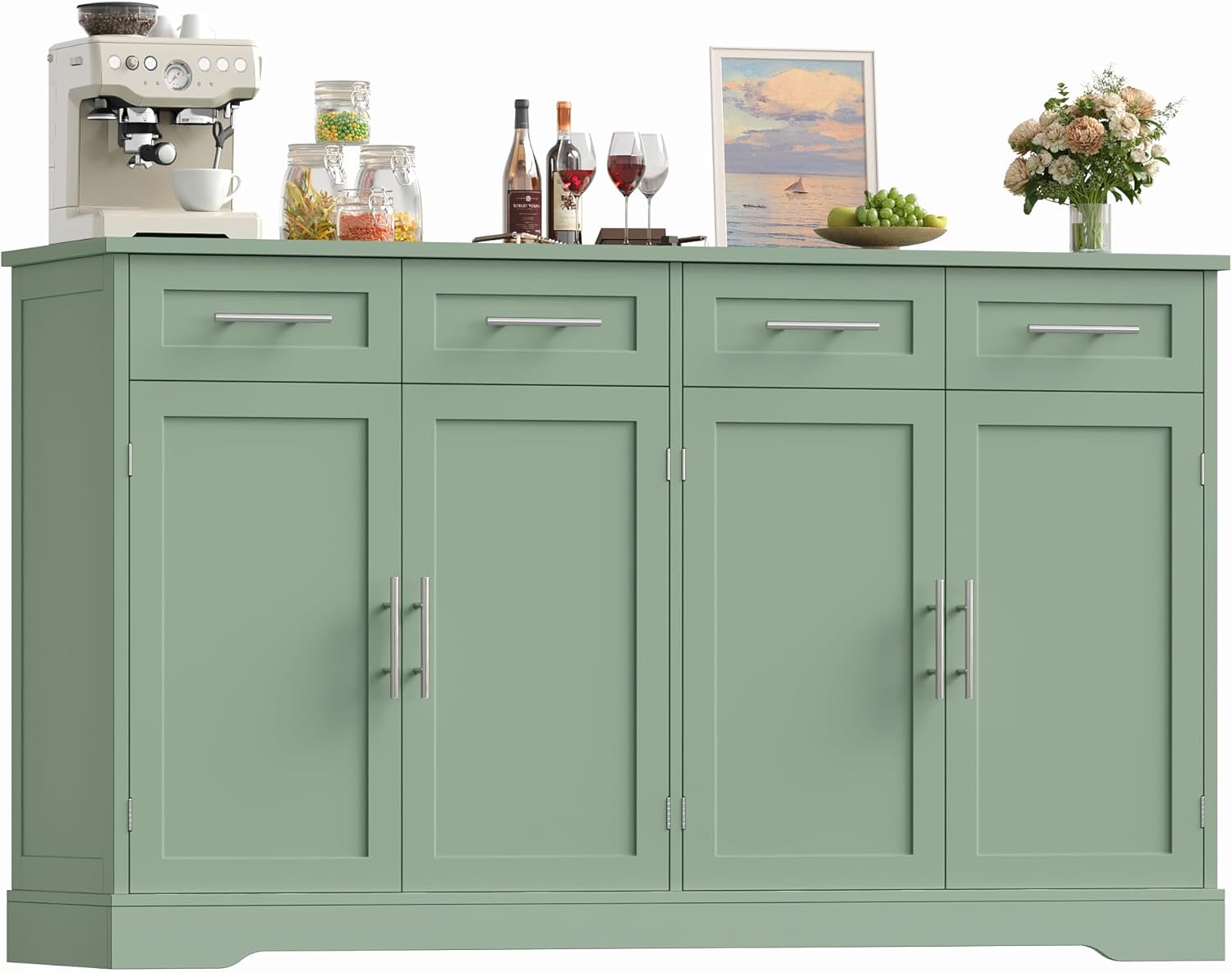 HOCSOK Credenza Cucina, 150 cm Madia Cucina con 4 Cassetti 4 Ante, Credenza Soggiorno con Maniglie in Metallo per Soggiorno, sala da pranzo, Ingresso, Mobile TV, 150×92×40 cm