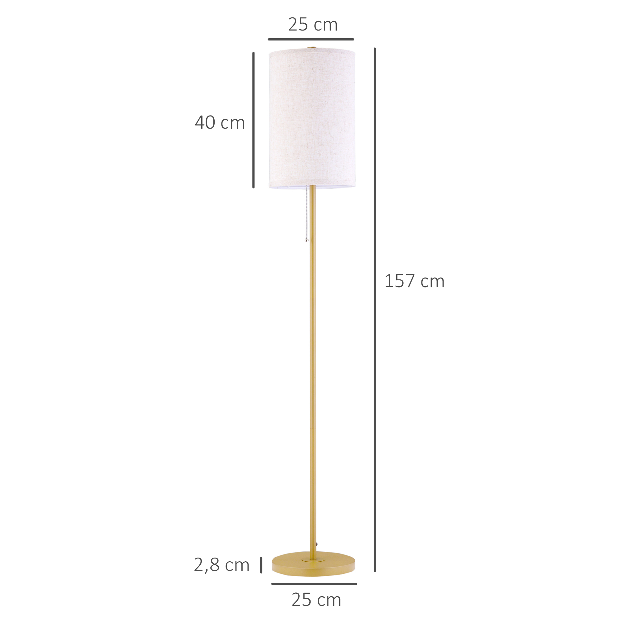Staande Lamp, Elegante Staande Lamp van Staal met Stoffen Kap, Woonkamerlamp, Trekschakelaar, Goud+Wit