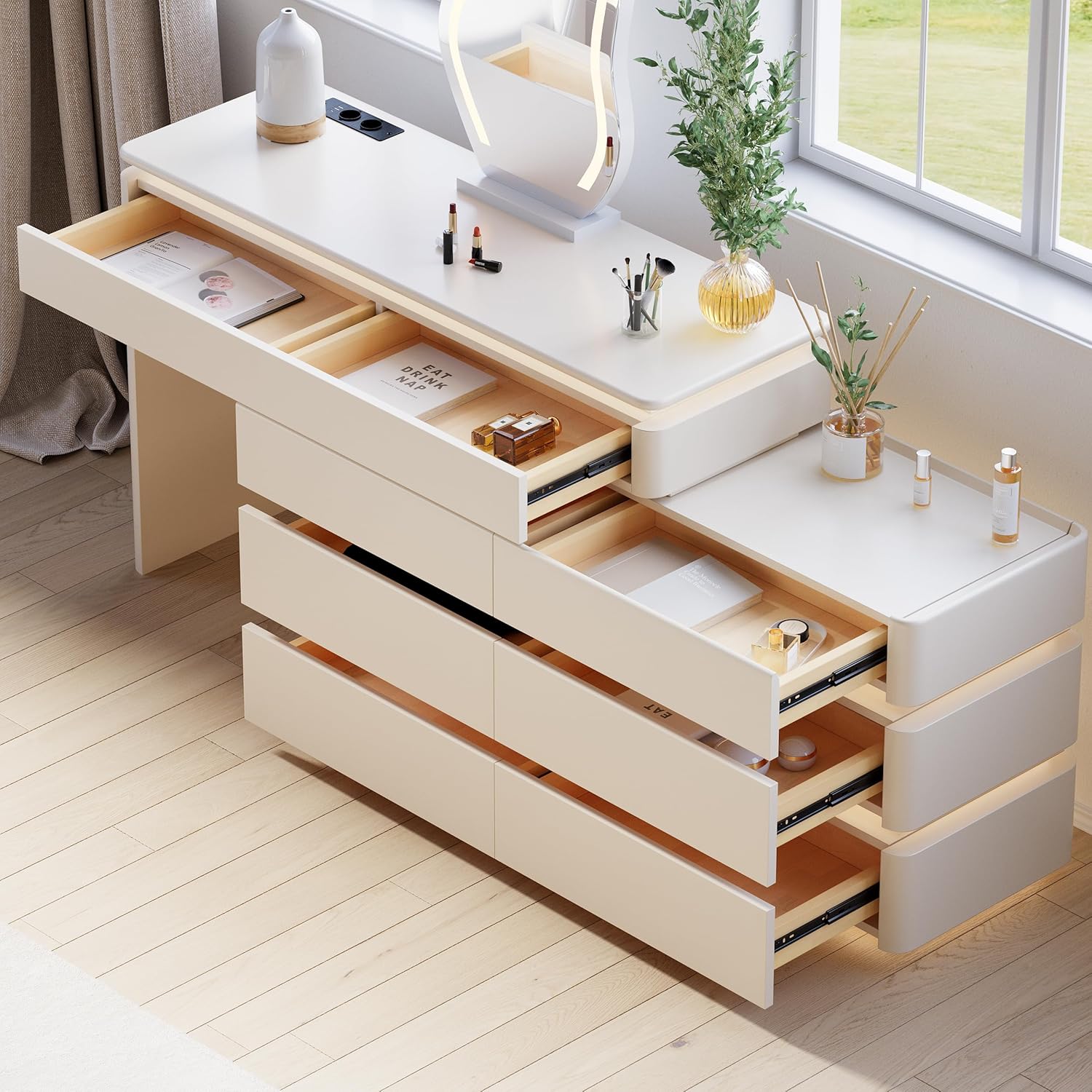 Homary Schminktisch mit Beleuchtung, Modern Schminktisch mit Ausziehbarem Design, Dimmbarer LED-Beleuchtung und Integrierter Ladestation für Ihre Beauty-Tools