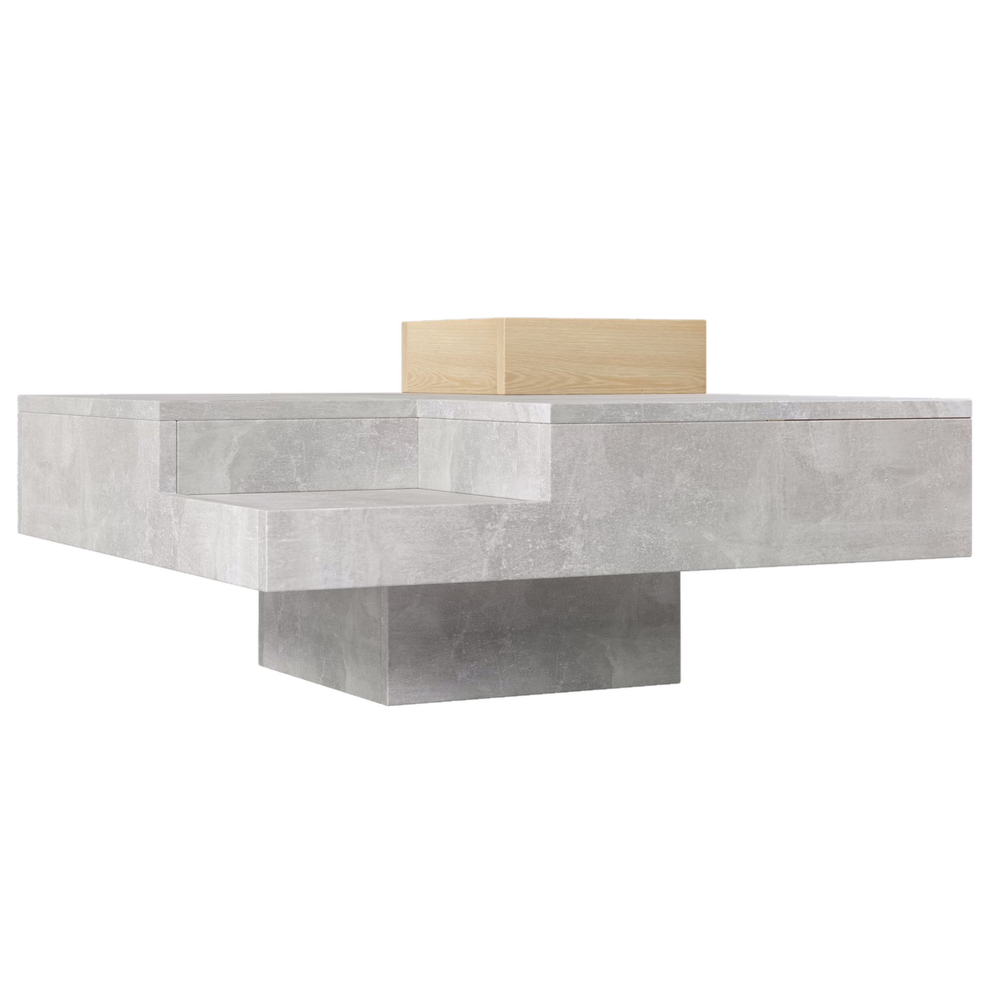 Quadratischer Couchtisch 72x72x30 cm , Designermöbel mit Aufbewahrungsbox zum Sofa, Betongrau