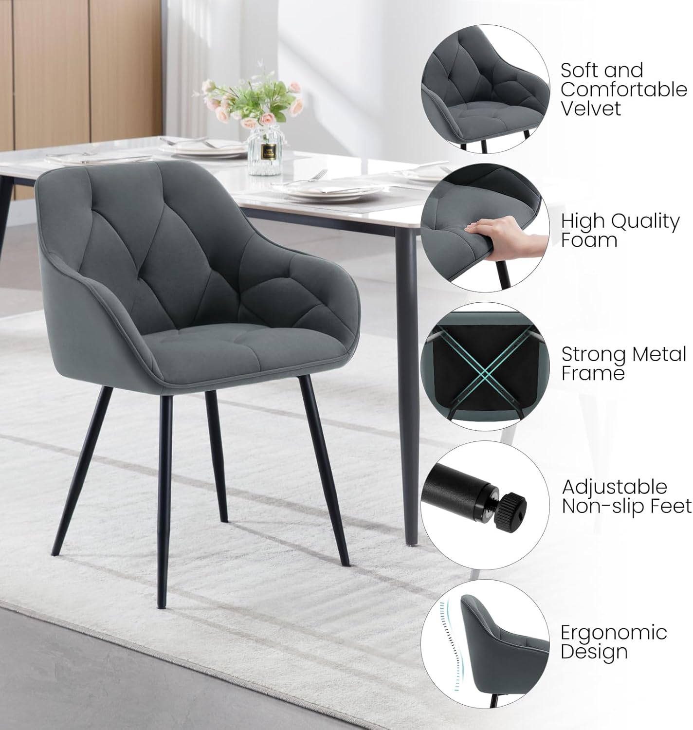 WOLTU Set di 6 Sedie da Pranzo con Braccioli e Schienale, Sedie Cucina Moderna in Velluto, Poltrone da Salotto con Gambe in Metallo, Sedie ergonomiche per Ufficio, Bar, Grigio Scuro, EZS02dgr-6