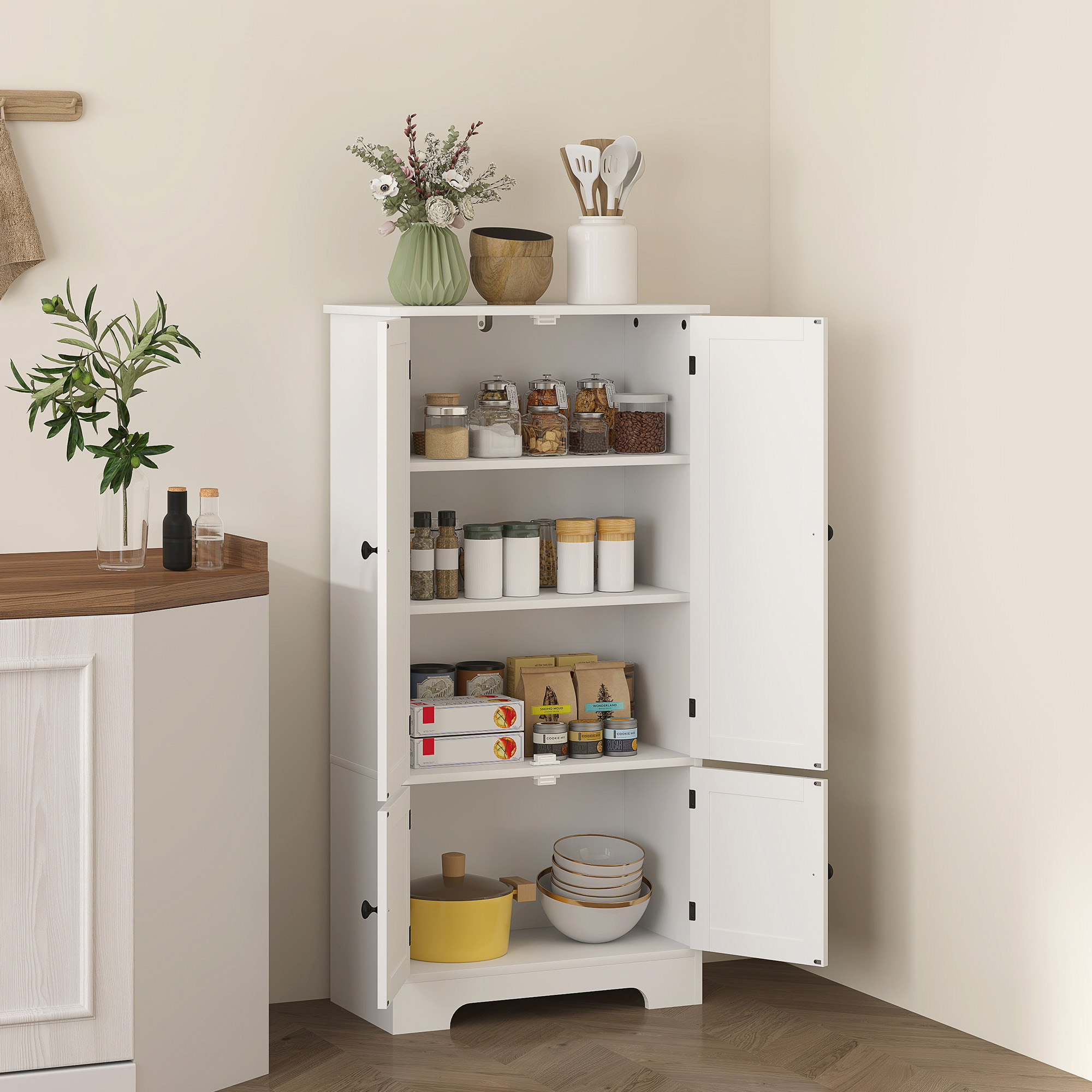 HOMCOM Küchenschrank Buffet Küchenmöbel mit Schränken und verstellbaren Regalen, 58,2 x 30 x 123 cm, weiß