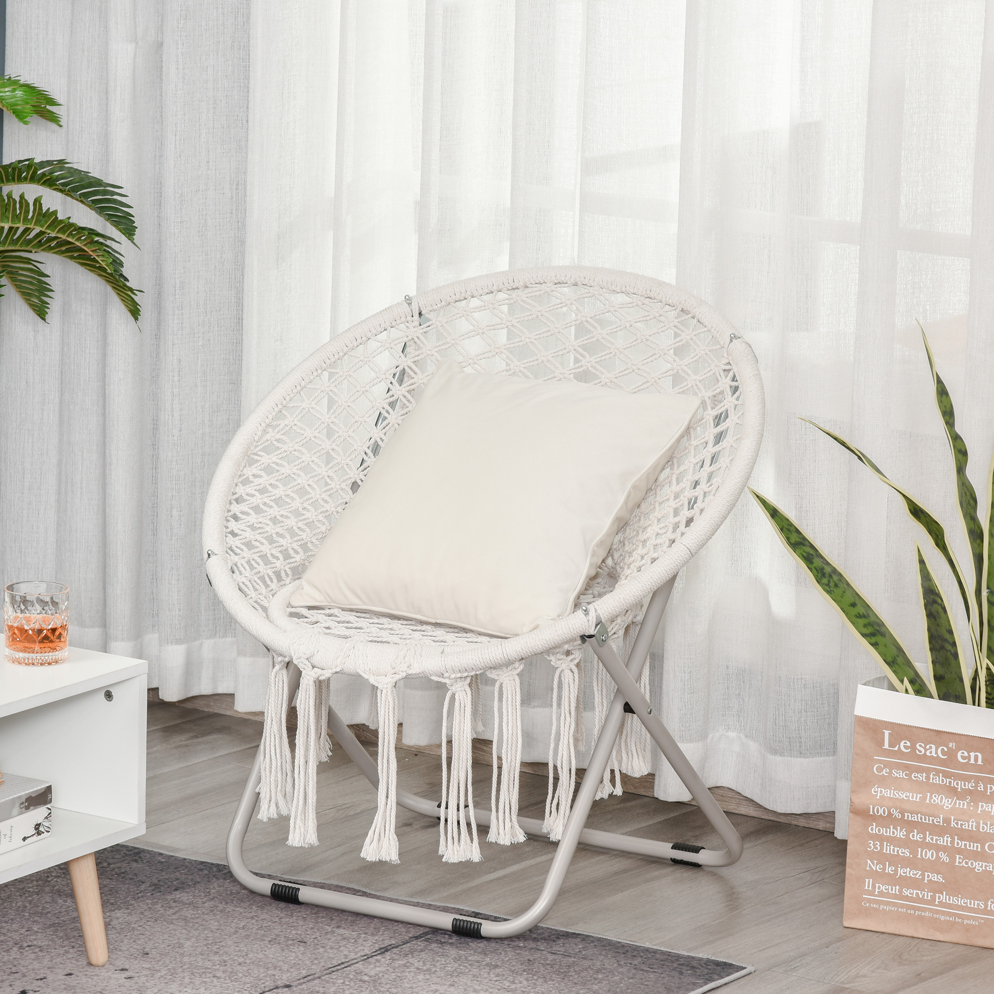 Outsunny Hängesessel runder Gartenstuhl Mond Papasan Klappbarer großer Komfort Makramee Baumwolle Polyester Beige