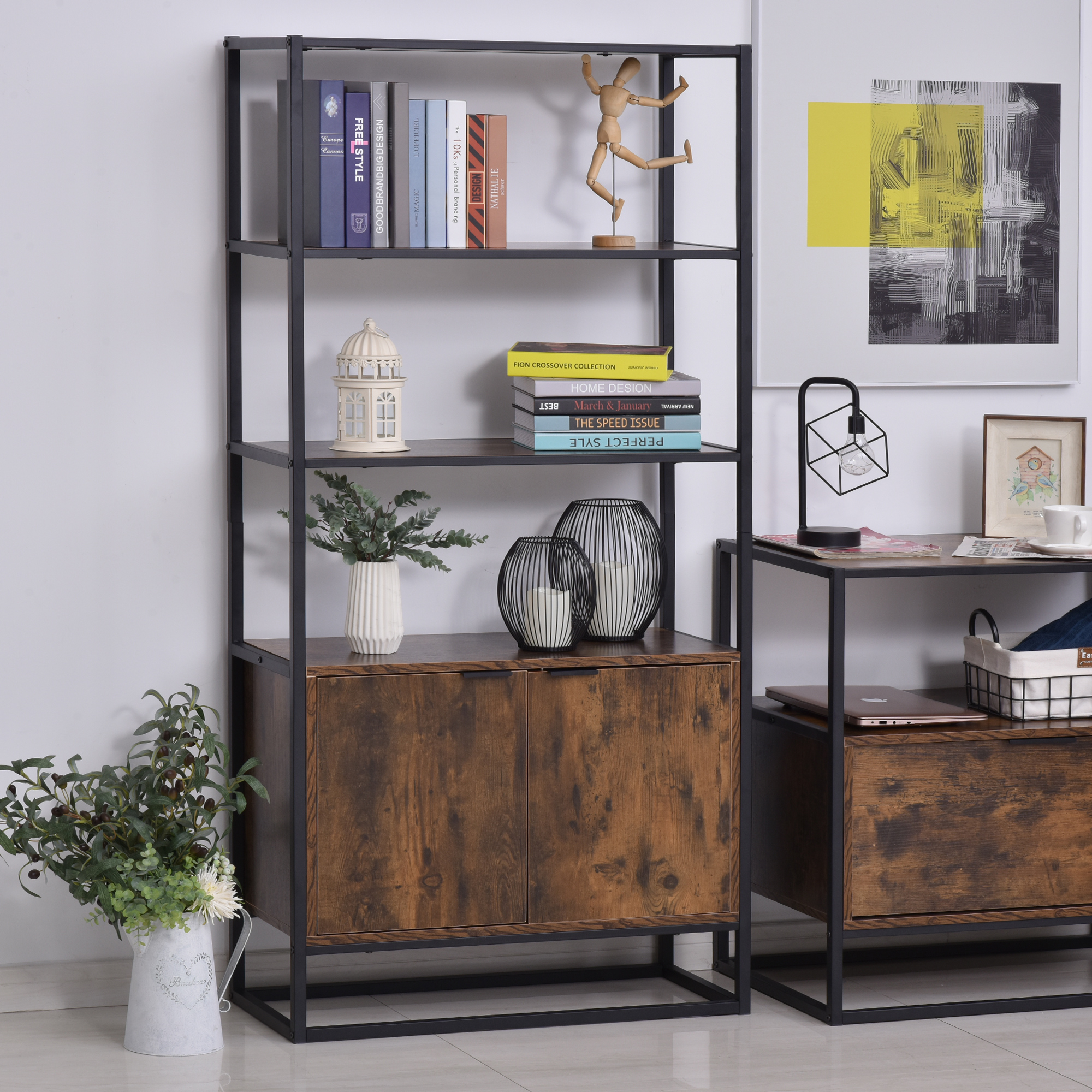 HOMCOM Bücherregal Standregal Büroregal Aktenregal Küchenregal 3 Regale mit 1 Schrank Industrie-Design E1 Spanplatte Metallrahmen Braun 76 x 33 x 162,5 cm