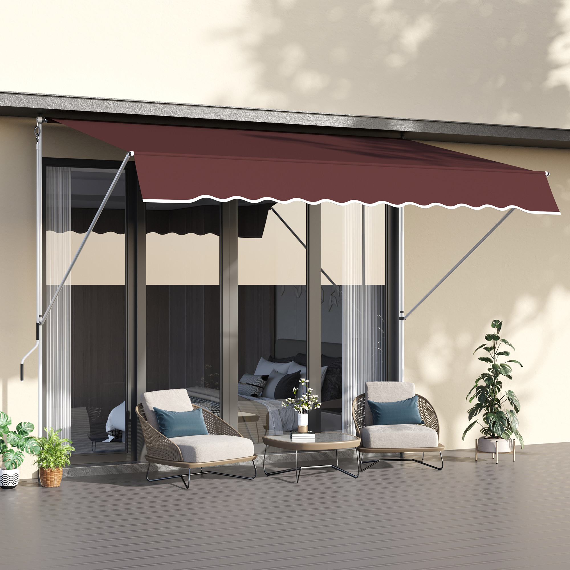 Outsunny Manuelle ausziehbare Markise Teleskopisches Verdeck ohne Bohren 3L x 1,5B m Verstellbare Neigung und Höhe Schnelle Installation Metall Alu Polyester UV-beständig Bordeaux