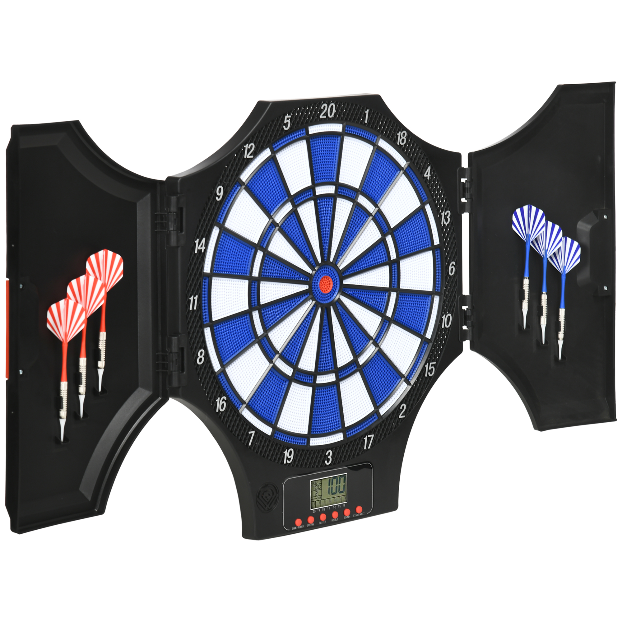 SPORTNOW Elektronische klappbare Dartscheibe mit 2 Türen, 31 Spielen für bis zu 8 Spieler, LCD-Anzeige, Lautsprecher, Schwarz