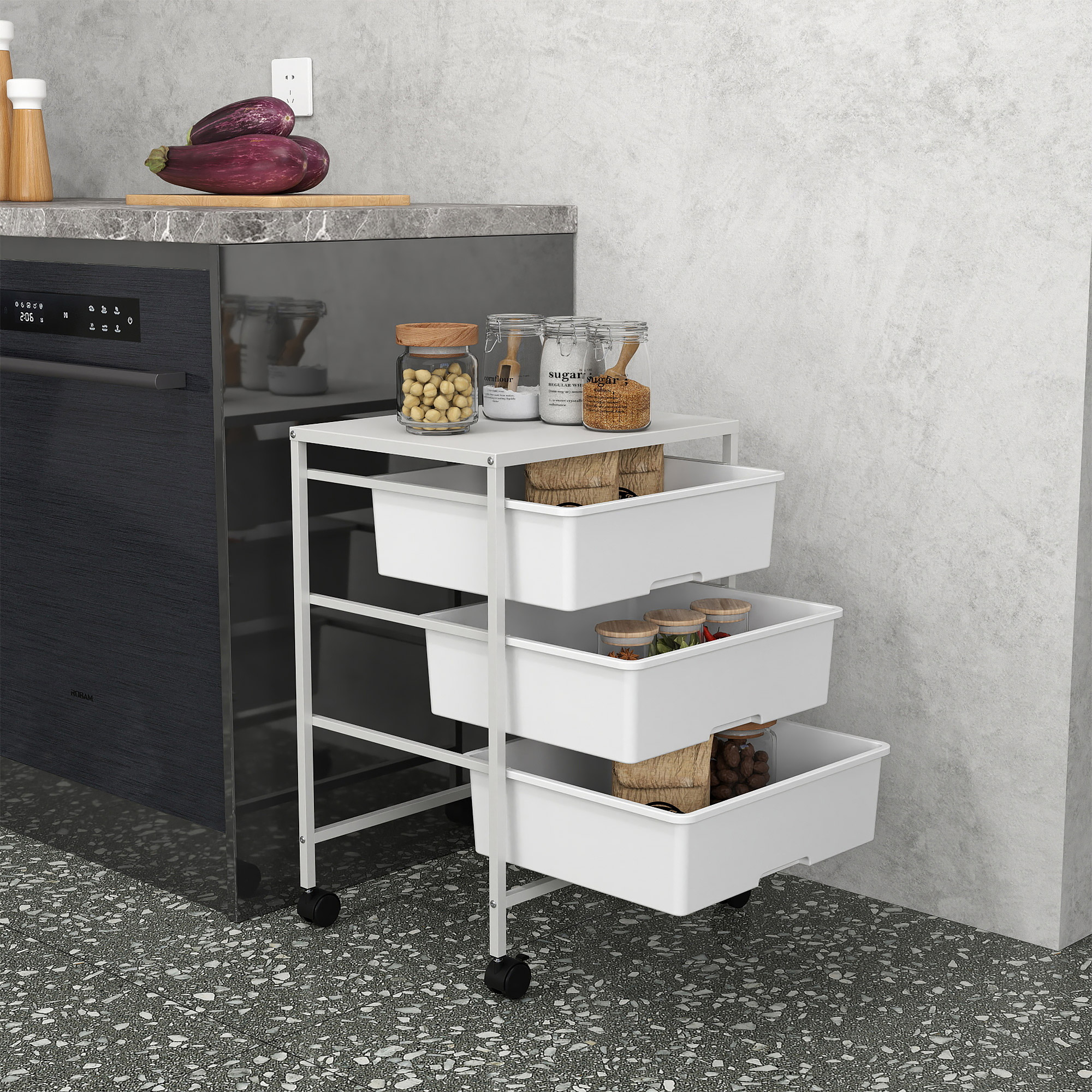 HOMCOM Beistellwagen mit Rädern, 3 Körbe für Transport und Aufbewahrung, Küchenwagen, 40,8L x 33,5B x 60,5H cm, Weiß