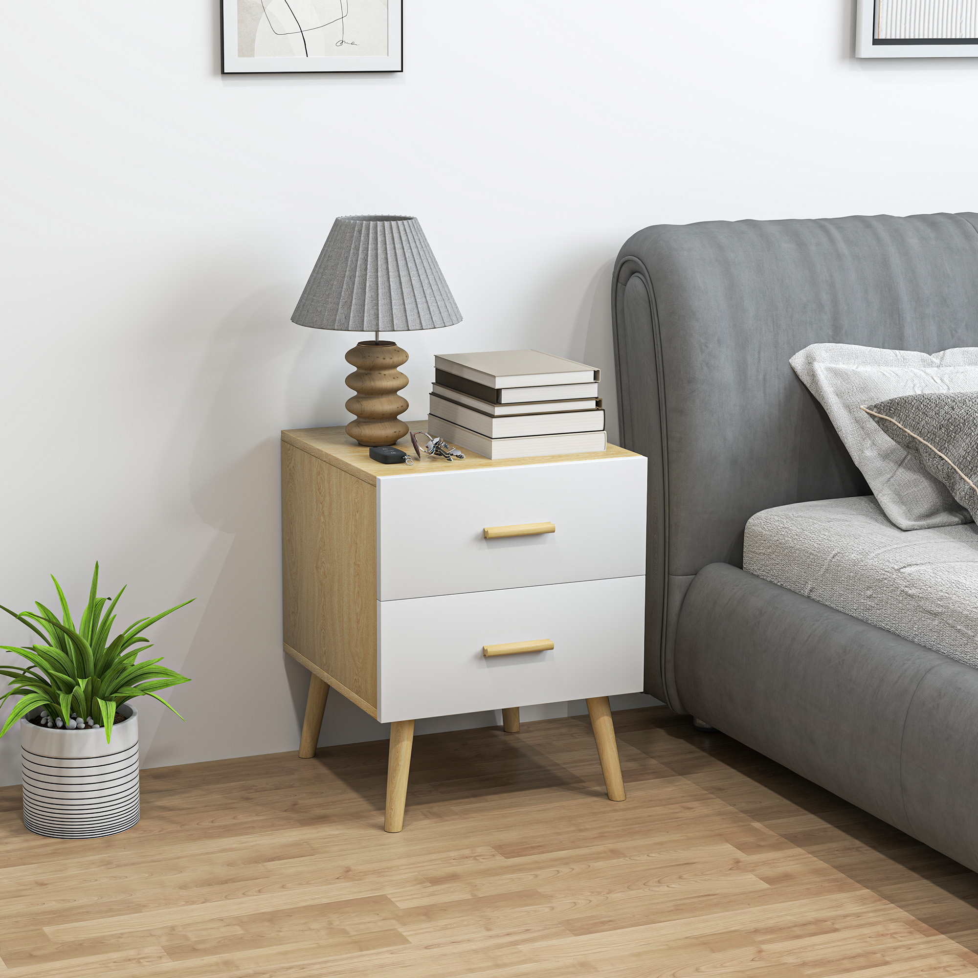 HOMCOM Nachttisch mit 2 Schubladen aus Holz im skandinavischen Stil, 40x40x50 cm, Eiche