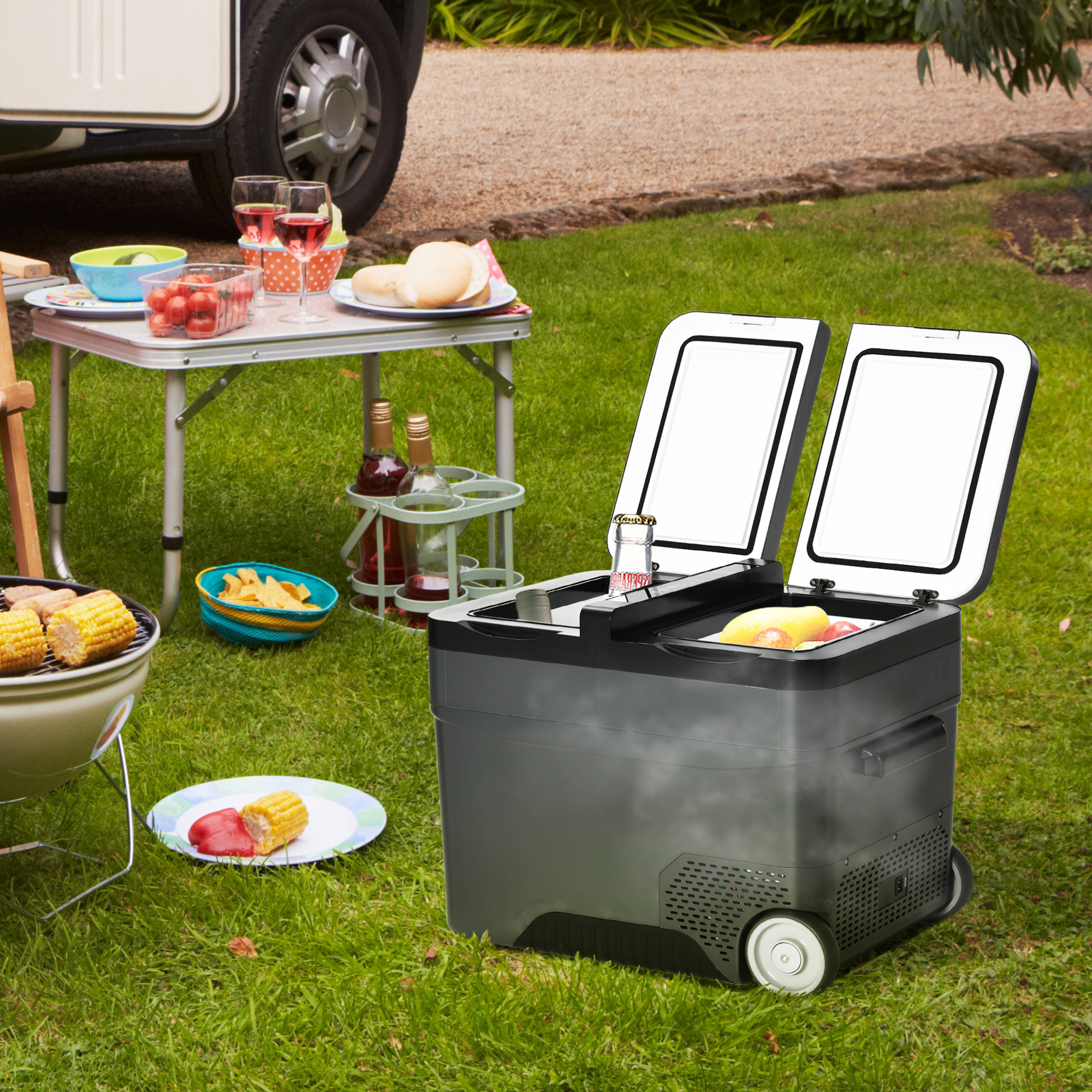 Outsunny Tragbarer Elektrischer 35L Kühlschrank mit 12 Volt mit Griff und LCD-Bildschirm, 63,2x42x42,8 cm, Dunkelgrau