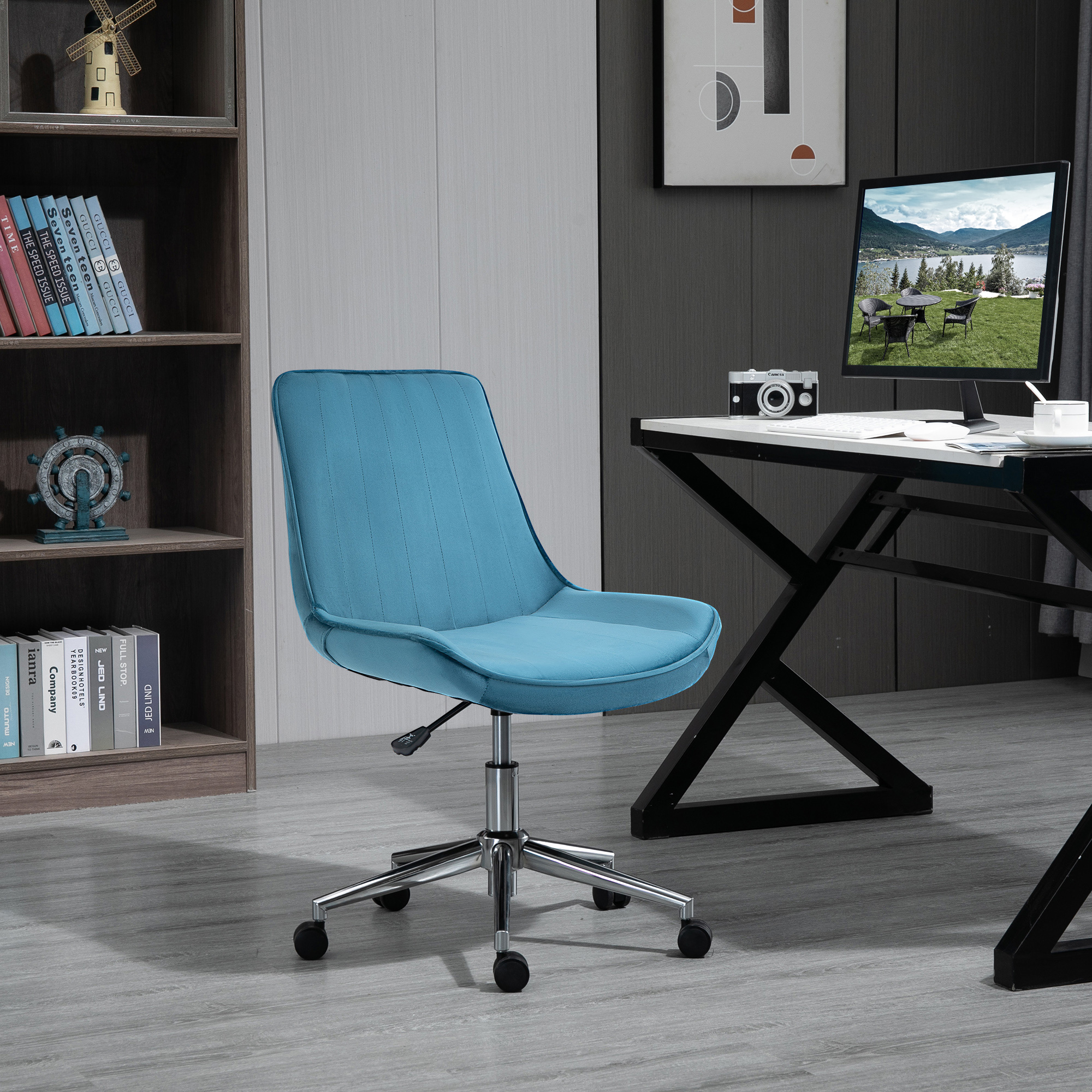 HOMCOM Bürostuhl Schreibtischstuhl Drehstuhl drehbar Höhenverstellbar 360°, Samtstoff, Blau, 52,5 x 60 x 82-91 cm