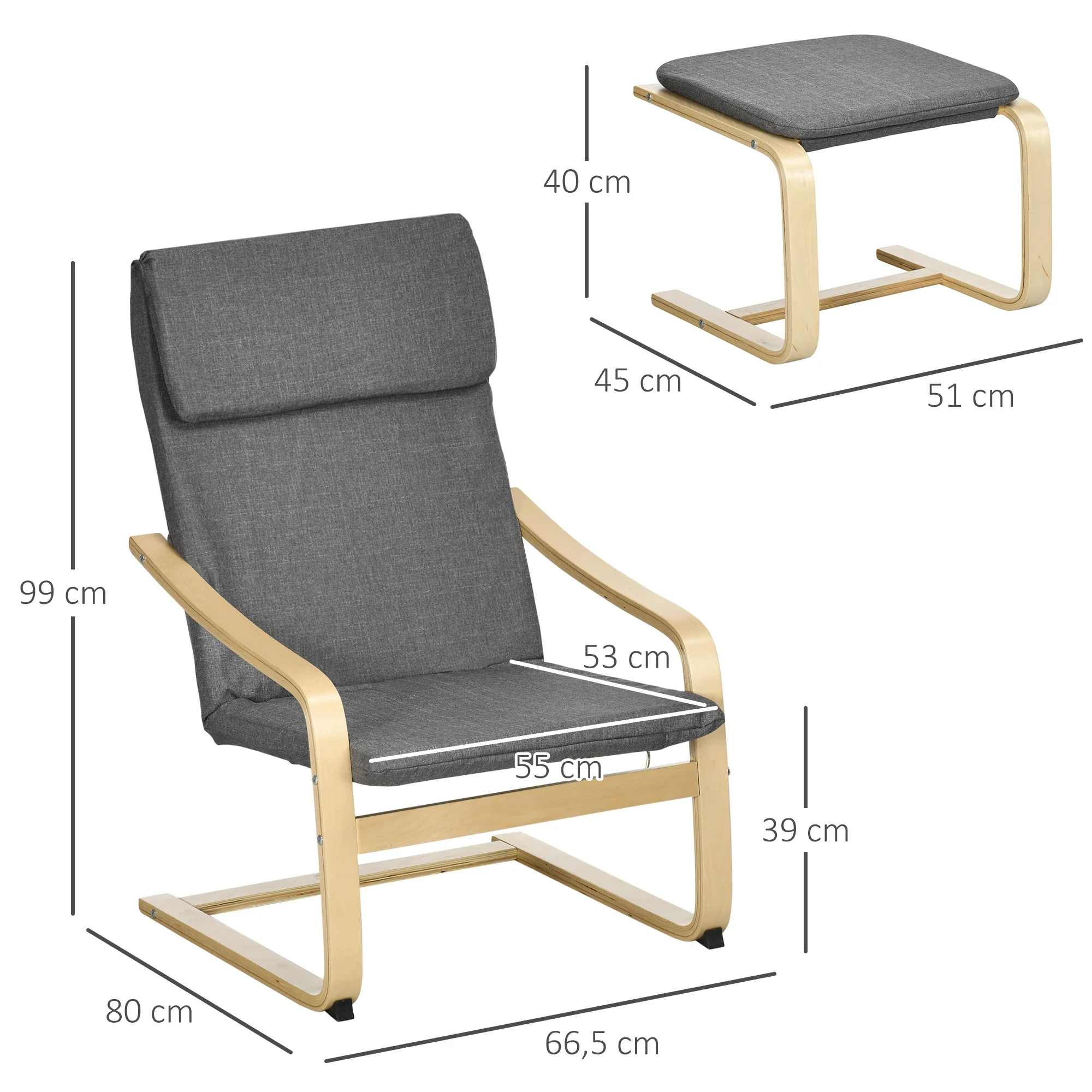 HOMCOM Relaxsessel mit Fußhocker, Leinenbezug Grau, 66,5×80×99 cm