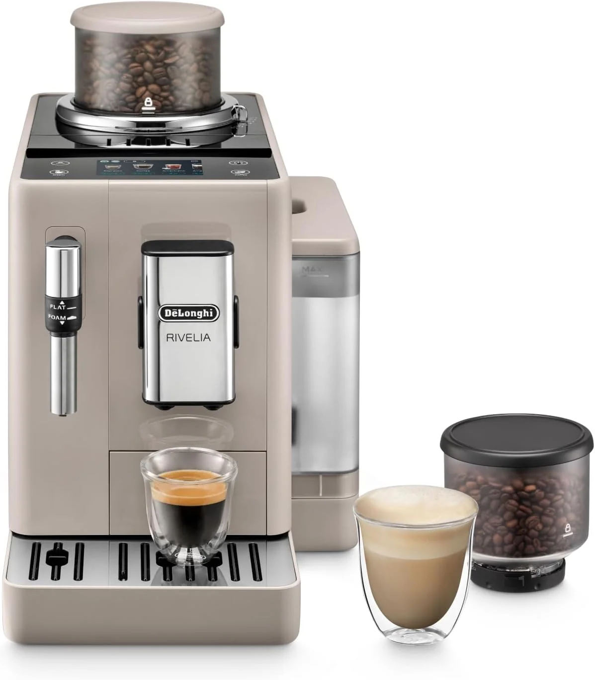 De'Longhi Rivelia EXAM440.35.BG Kaffeevollautomat mit Milchaufschäumdüse, Wechselbarer Bohnenbehälter, 8 Kaffeegetränke auf Knopfdruck, Beige