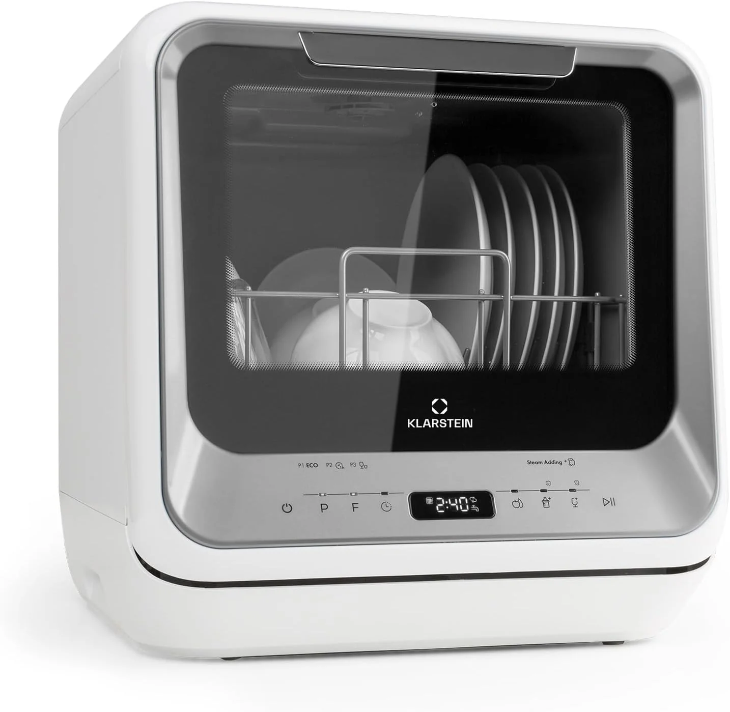 Klarstein  ia Mini Geschirrsp��ler, Sp��lmaschine mit Platz f��r 2 Ma?gedecke, 6 Programme, 5 L Wasser ben?tigt, LED-Display, Touch, Tischgeschirrsp��ler inkl. Zubeh?r, schwarz