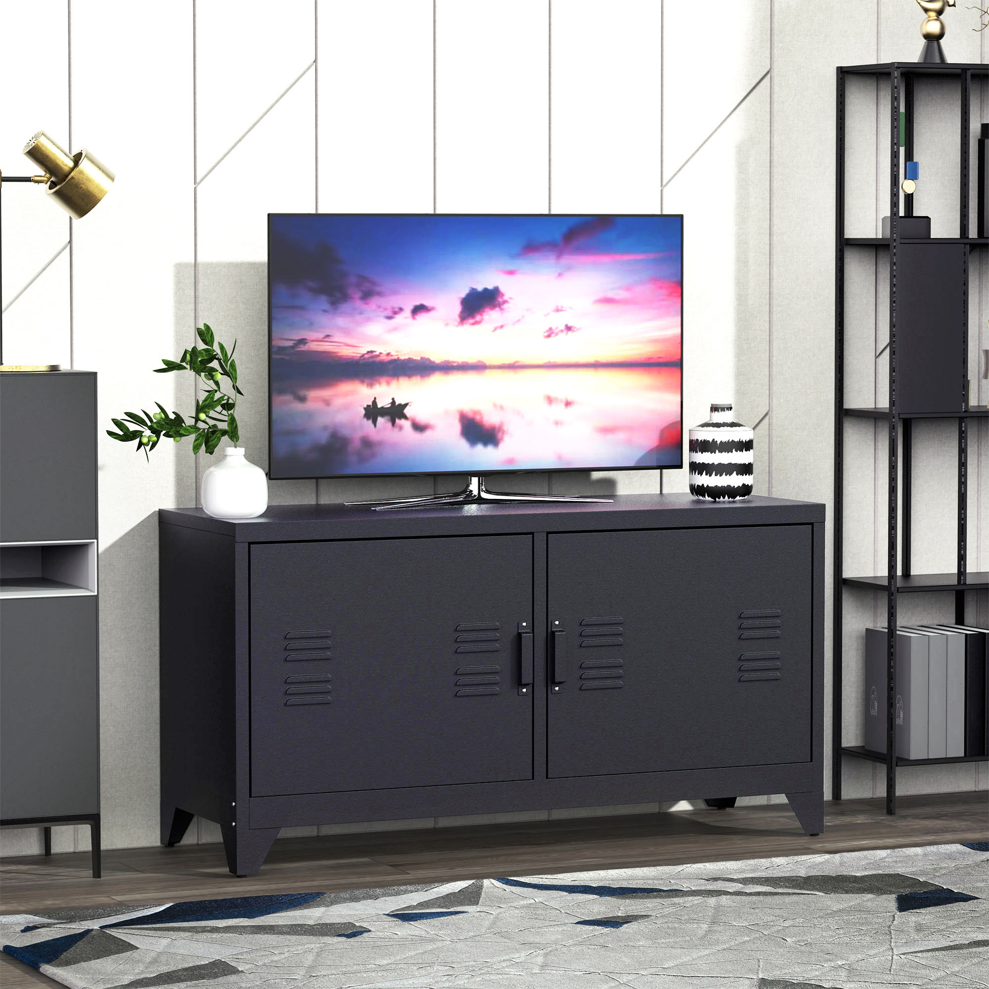 HOMCOM TV-Möbel TV-Bank industrielles Design 2 Schränke mit 2 verstellbaren Regalen Kabeldurchlässe Gestell aus schwarzem Stahl