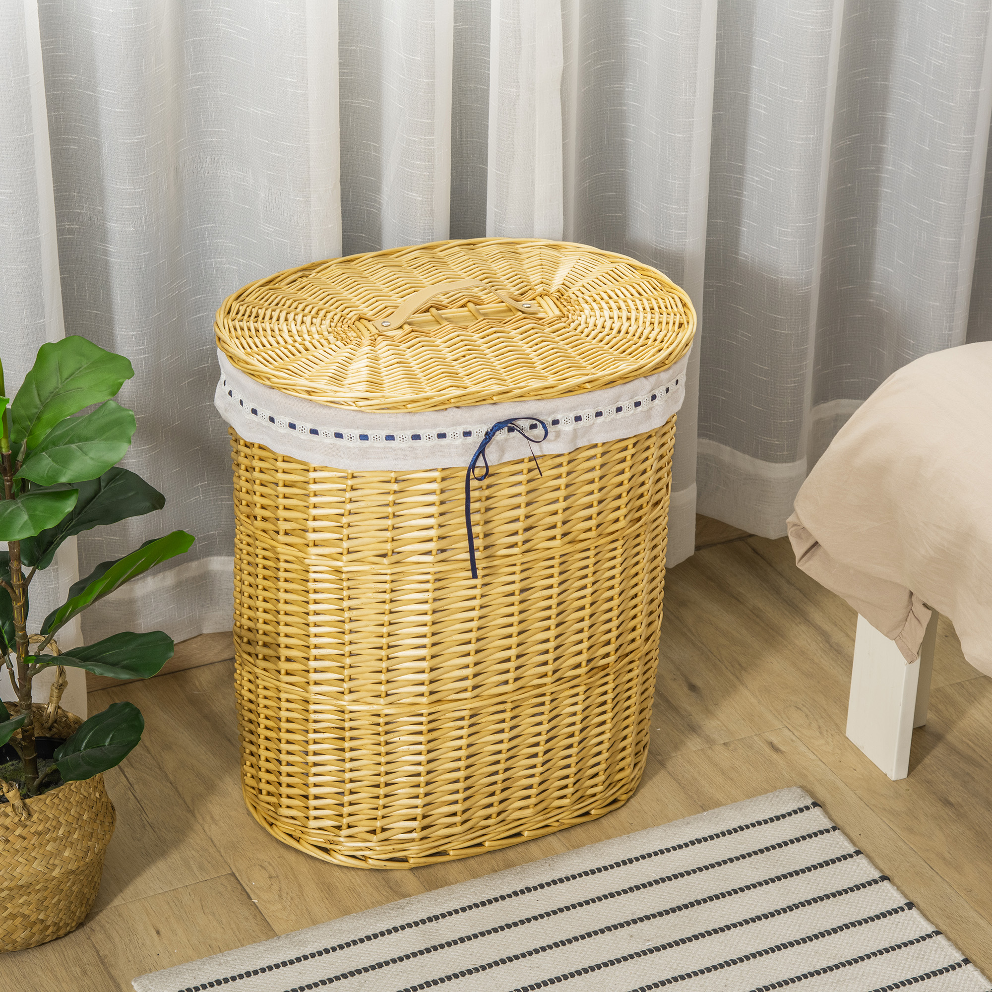 HOMCOM Wäschekorb aus Weide mit Deckel Wäschesammler mit Griff, herausnehmbarer Wäschesack, Laundry Baskets Wäschebox für Badezimmer Waschküche Schlafzimmer Natur