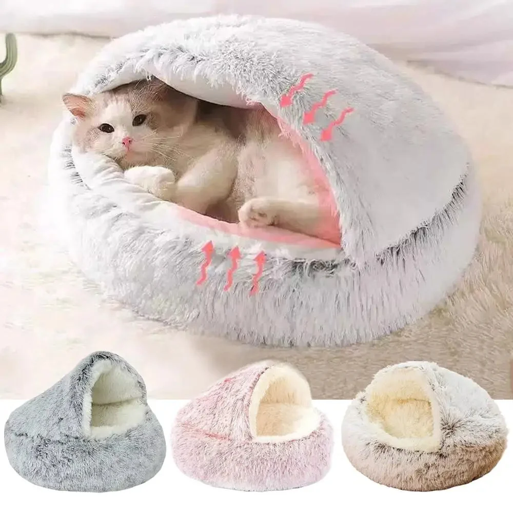 Plush Cat Cave Bed �C Semi-Enclosed, Machine Washable & Anti-Slip Base