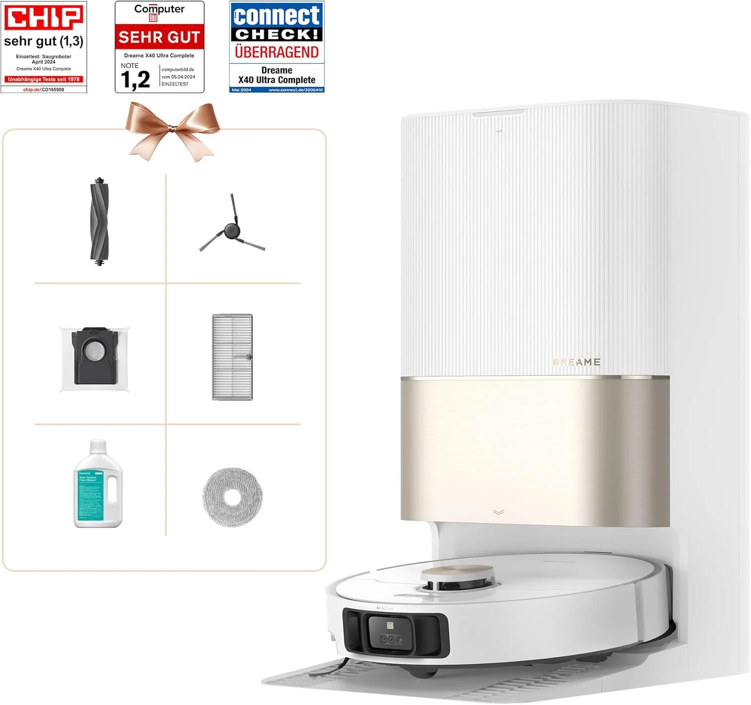 dreame X40 Ultra Complete Saugroboter mit Wischfunktion, 12.000Pa Saugkraft, 70℃ Wischmopp, selbstreinigend, automatische Entleerung, automatisches Nachfüllen, Anti-Wirrwarr und anhebbare Bürsten