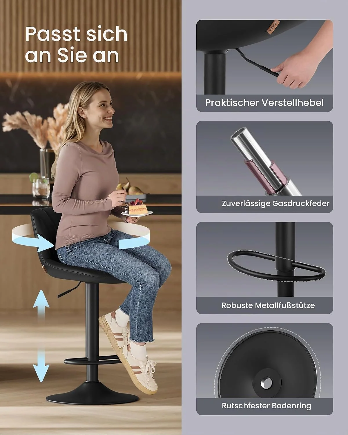 VASAGLE Barhocker mit gepolstertem Sitz, drehbar und höhenverstellbar