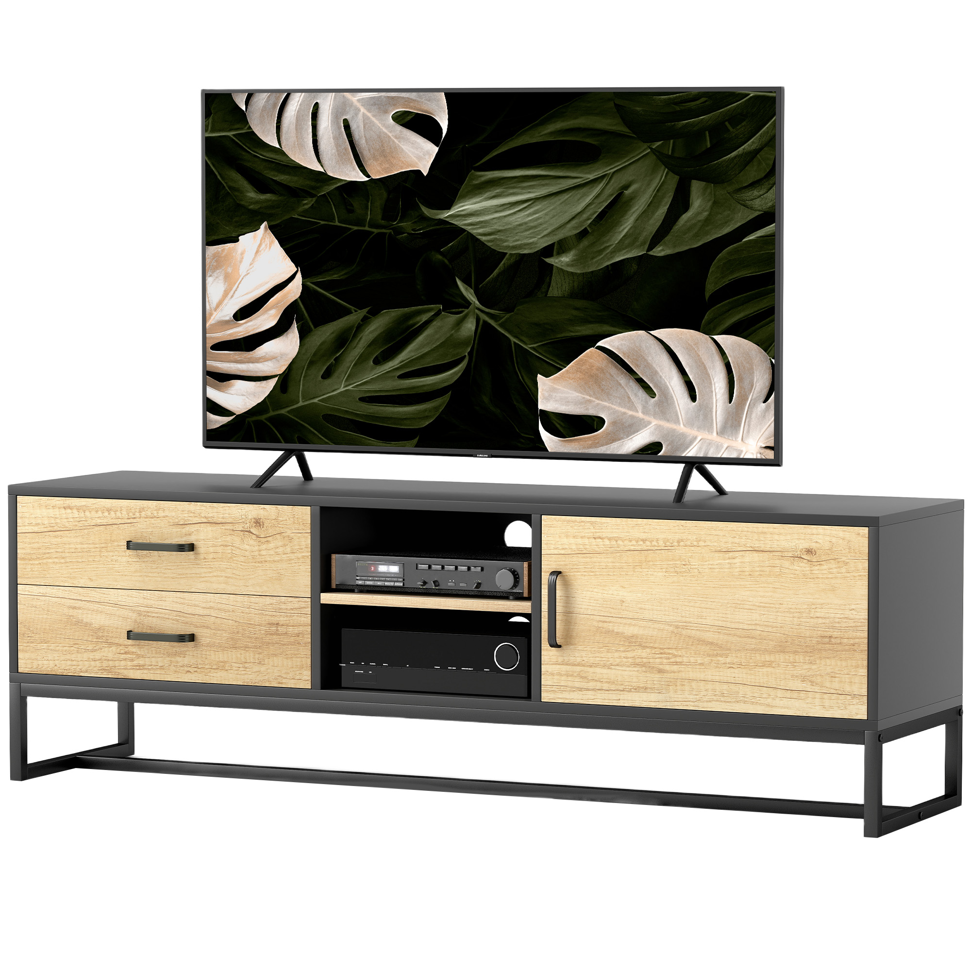 HOMCOM TV-Schrank für Fernseher bis zu 60 Zoll, TV-Möbel mit Schrank offenen Fächern, 2 Schubladen, Naturholz