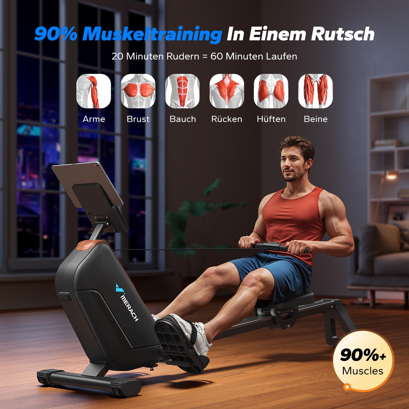 Magnetisches Rudergerät für Zuhause mit 40 kg Magnetwiderstand, 16 Stufen, LED-Display und App