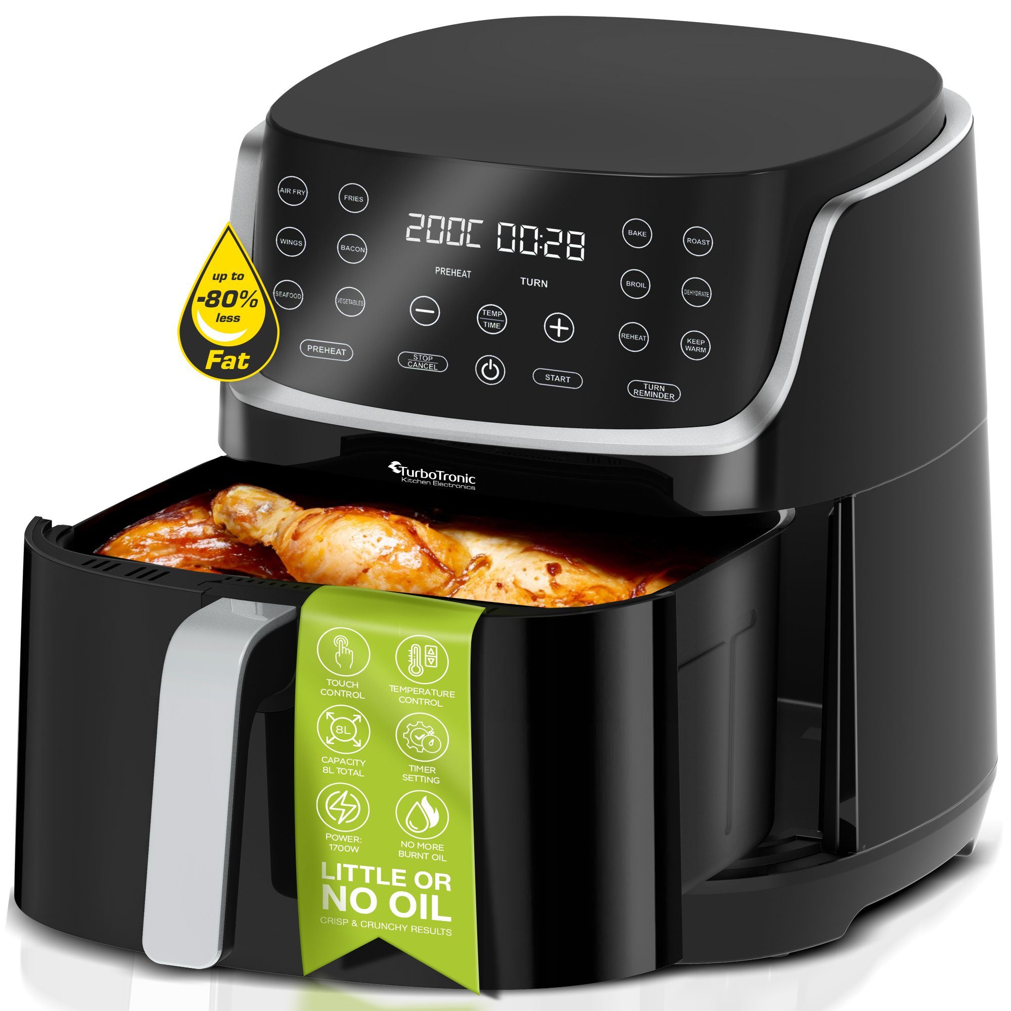 Heißluftfritteuse 8L, 13 Programme, XXL große Fritteuse Fettfrei ohne Öl, 80°C - 200°C