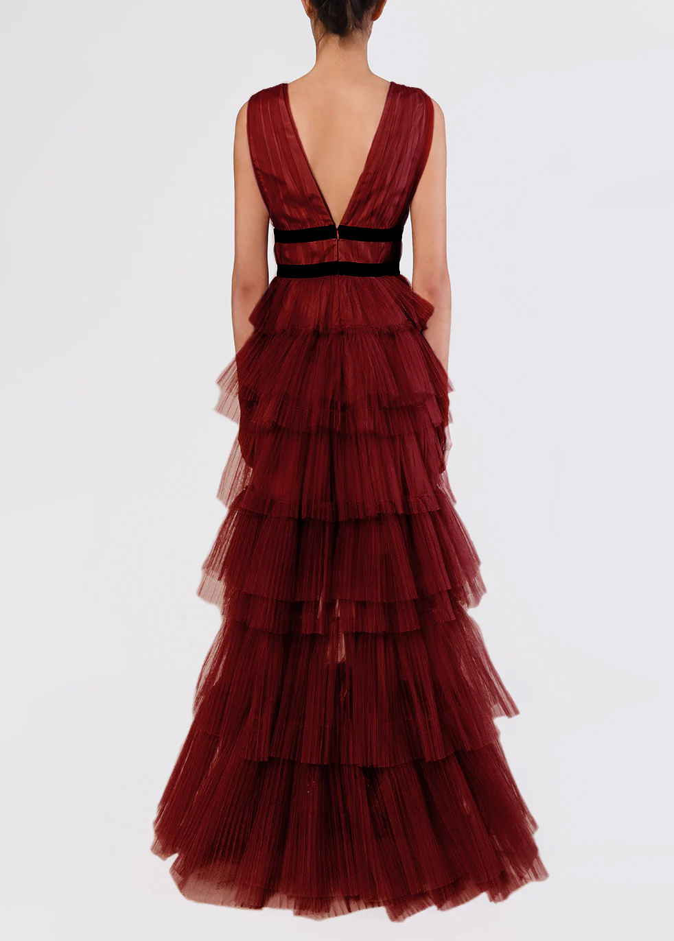 Eliza Burgundy Plunging Neck Layered Tulle Skirt Maxi-Dress