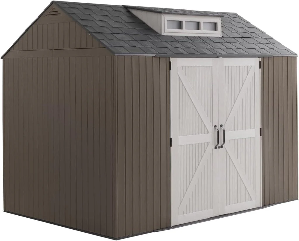 Rubbermaid Resin Outdoor Storage Shed With Floor (7 x 7 Ft) Weather Resistant Gray Organization for Home/Backyard/Garden Tools/Lawn Mower/Bike Storage/Pool Supplies