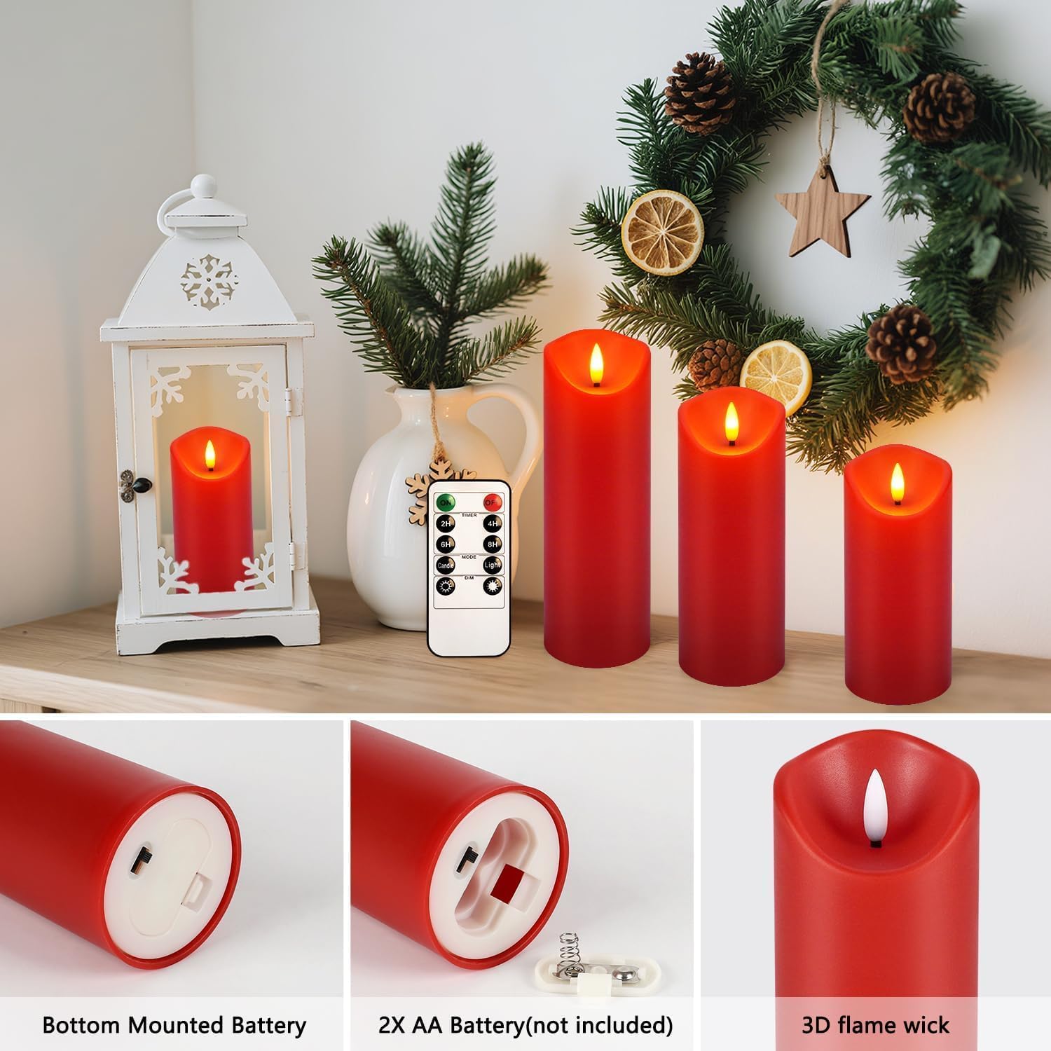 Flackernde flammenlose LED-Kerzen, batteriebetriebene Stumpenkerzen mit Fernbedienung, für Neujahr, Heimdekoration, Partys, Hochzeiten, 24 Stück (T 5 x H 12,7 cm, 15,2 cm, 17,8 cm, Rot)