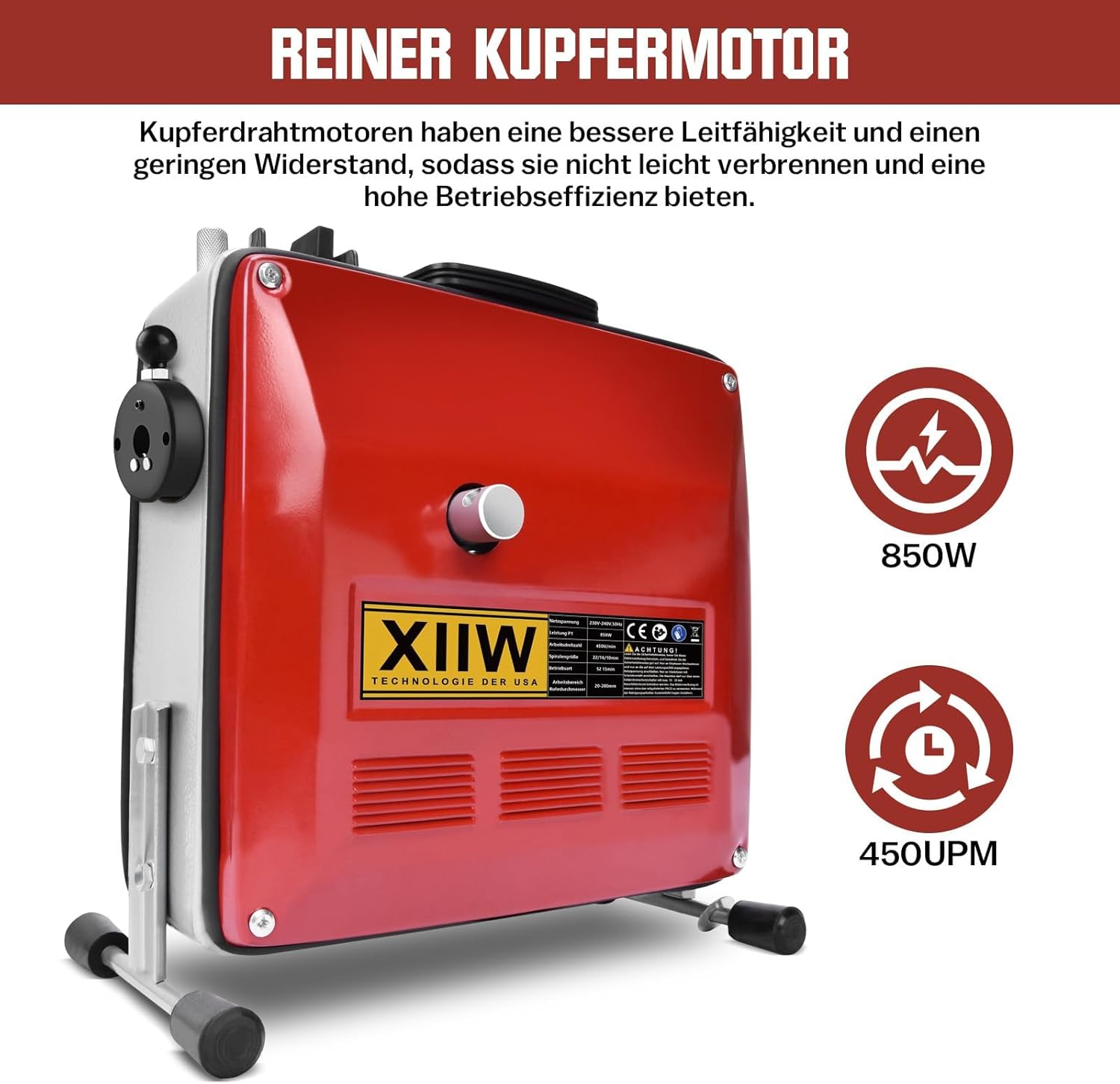 850W Elektrische Rohrreinigungsmaschine Satz zum Ø20-200mm Rohrleitungen [Spirale 33m x Ø16 mm + 14m x Ø22mm, 5m x Ø10mm], Rohrreinigungsgerät Set Rohrreiniger Reinigung Abflussreiniger, 450U/M