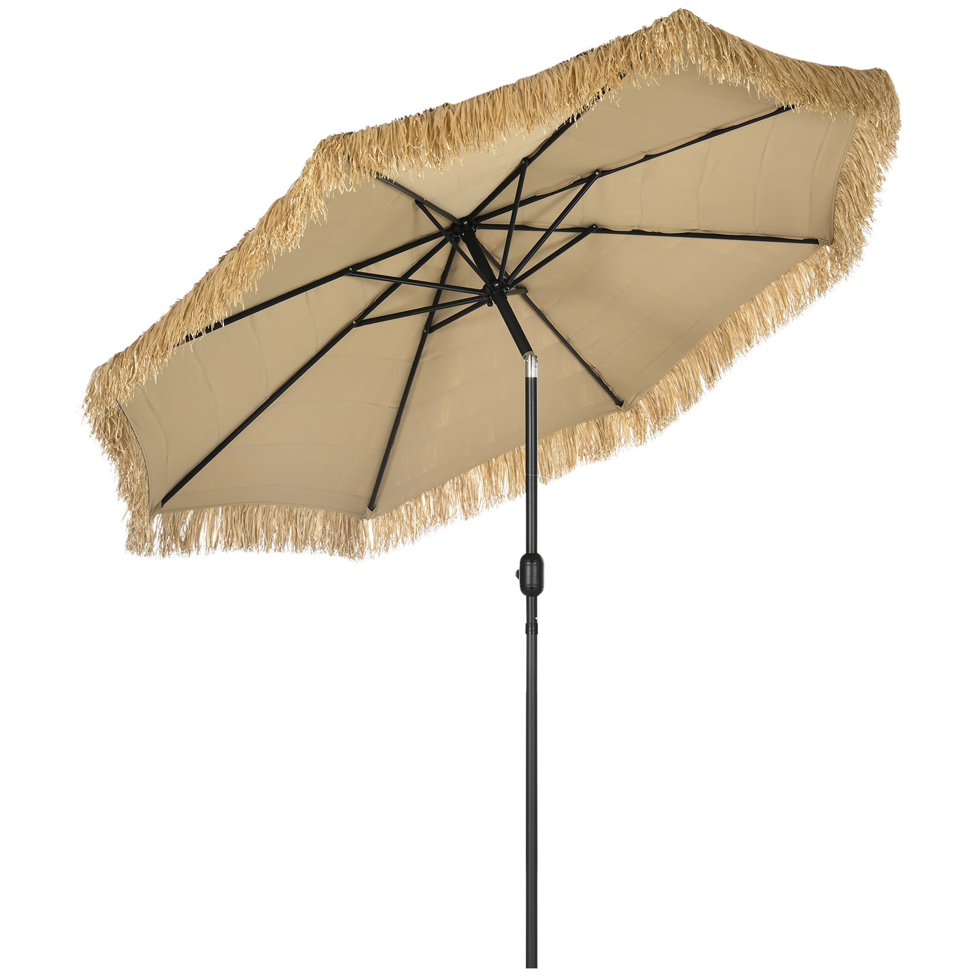 Outsunny Runder Garten-Sonnenschirm mit Strohabdeckung und Kurbel, Ø265x250 cm, Khaki