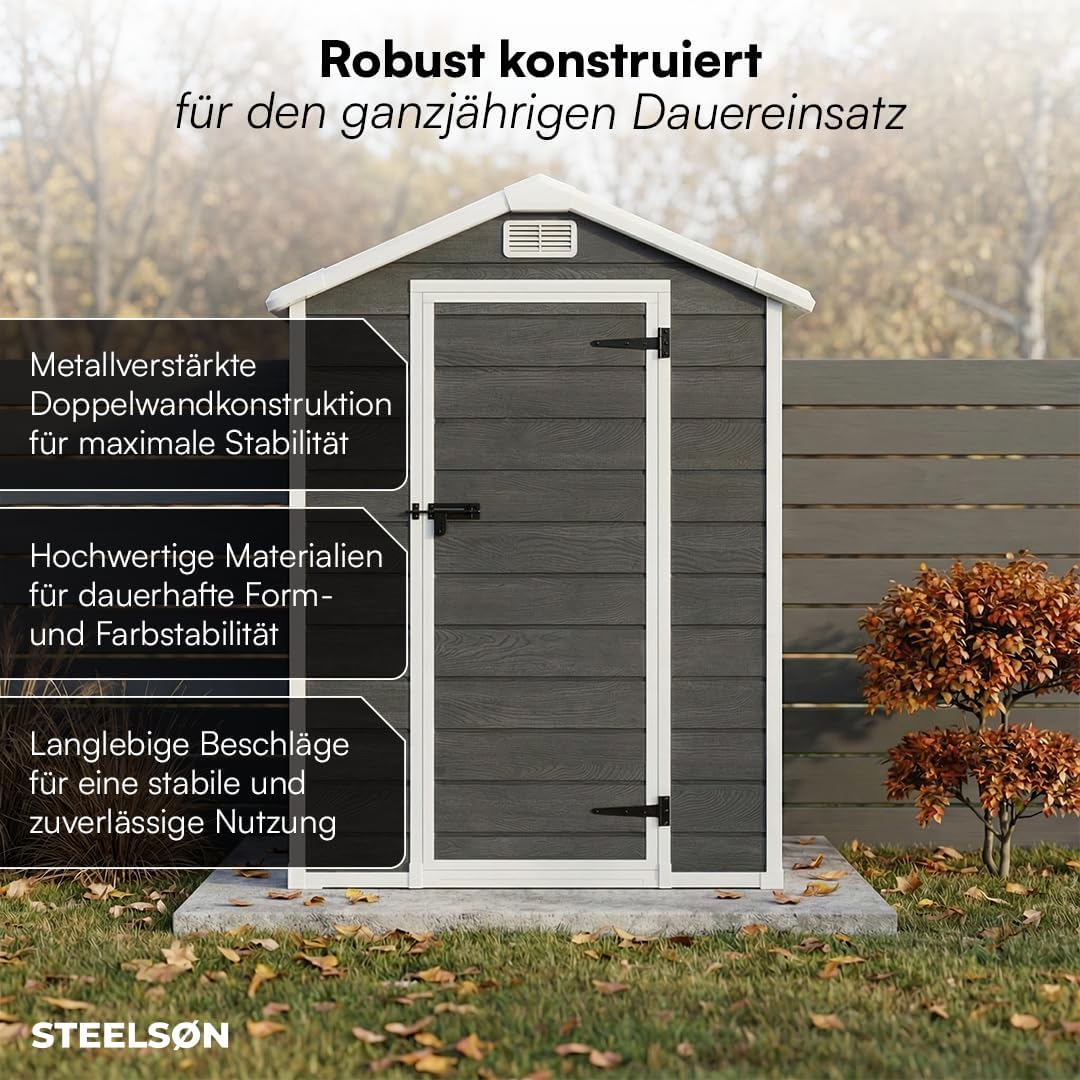 STEELSØN Novara Gerätehaus – Gartenschuppen mit Satteldach & Fenster – Gartenhaus 202x103x134 cm (HxTxB) – Geräteschuppen aus Kunststoff in Dunkelgrau – Gartenhütte wetterfest & rostfrei – Schuppen