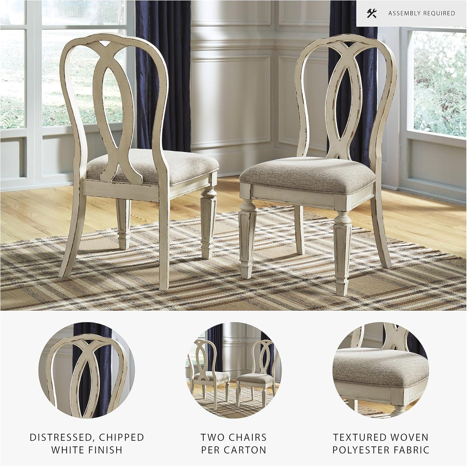 Signature Design by Ashley Realyn French Country Ribbon Back Dining Chair, 2 Count, Chipped White