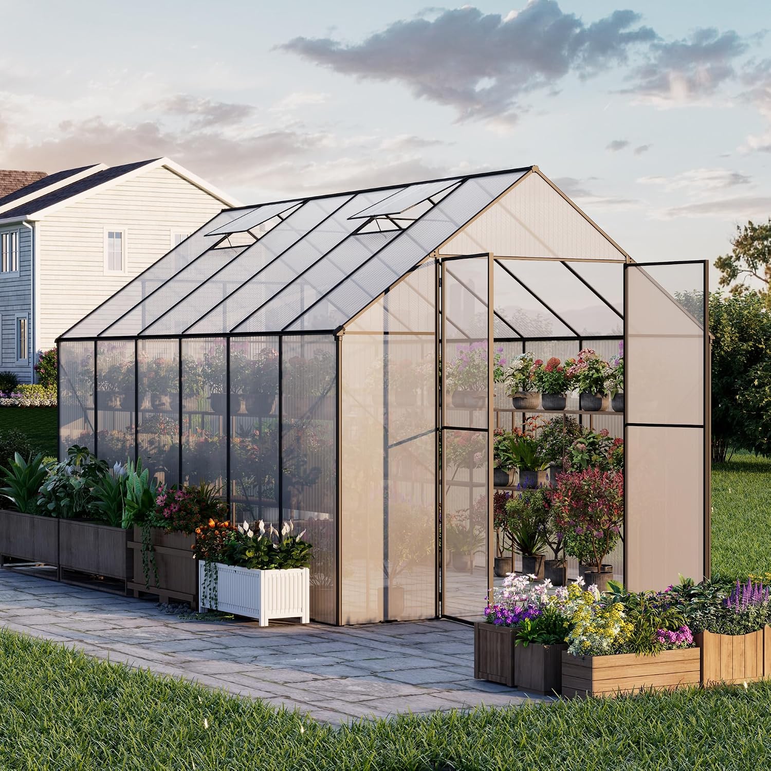 Kingdura Gewächshaus, Transparent/Schwarz, Begehbares für den Außenbereich, großes aus Polycarbonat mit robustem Aluminiumrahmen