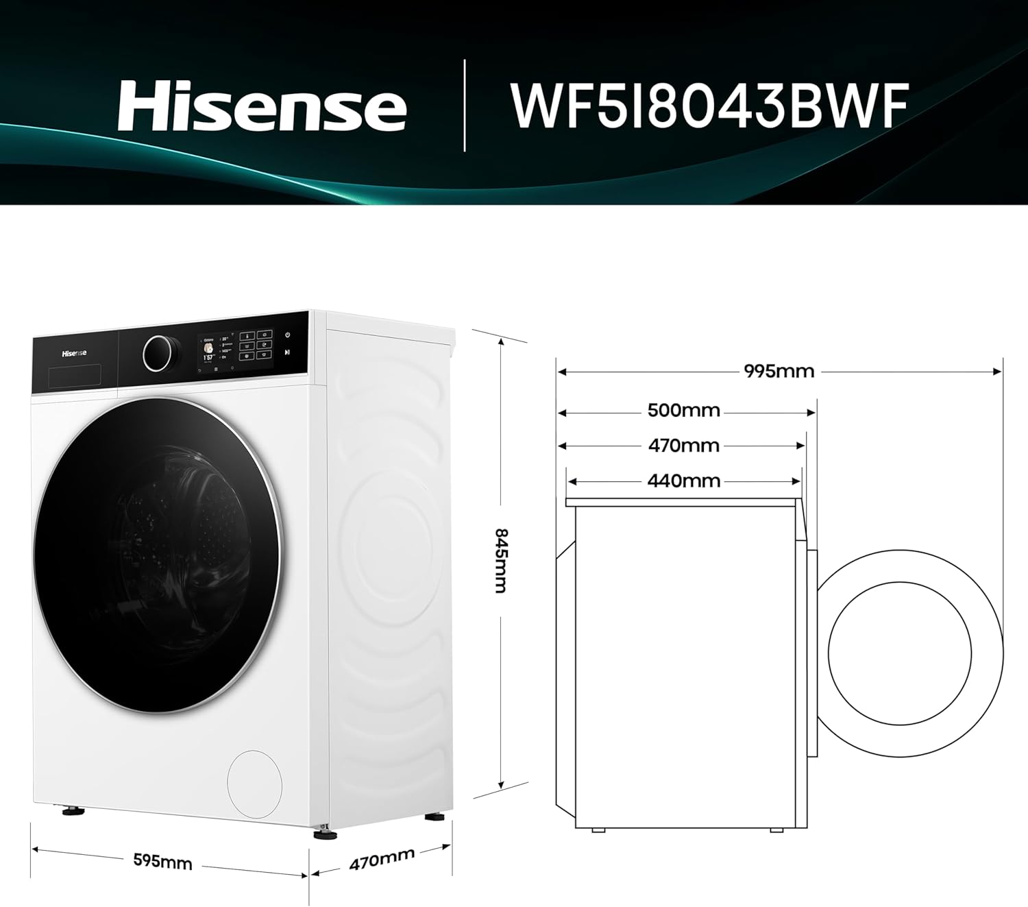 Hisense WFVB7012EM Front Load Washing Machine 7 kg 1200 rpm 15 Programs Steam LED Display Rapid Program Delay Start Child Lock