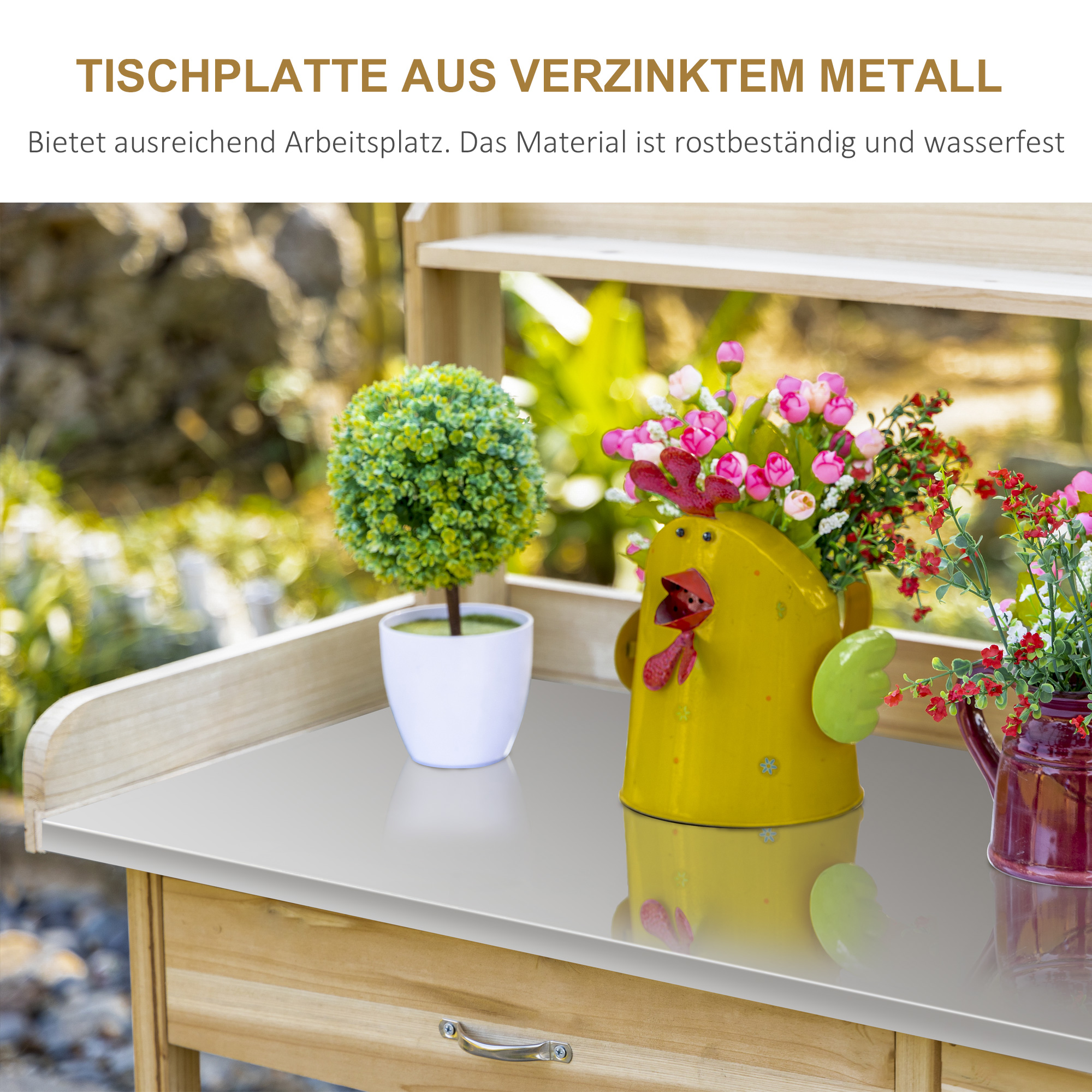 Outsunny planttafel met gegalvaniseerd werkblad, tuintafel met lade, kast, tuinwerktafel, massief hout, naturel, 112 x 45 x 125 cm