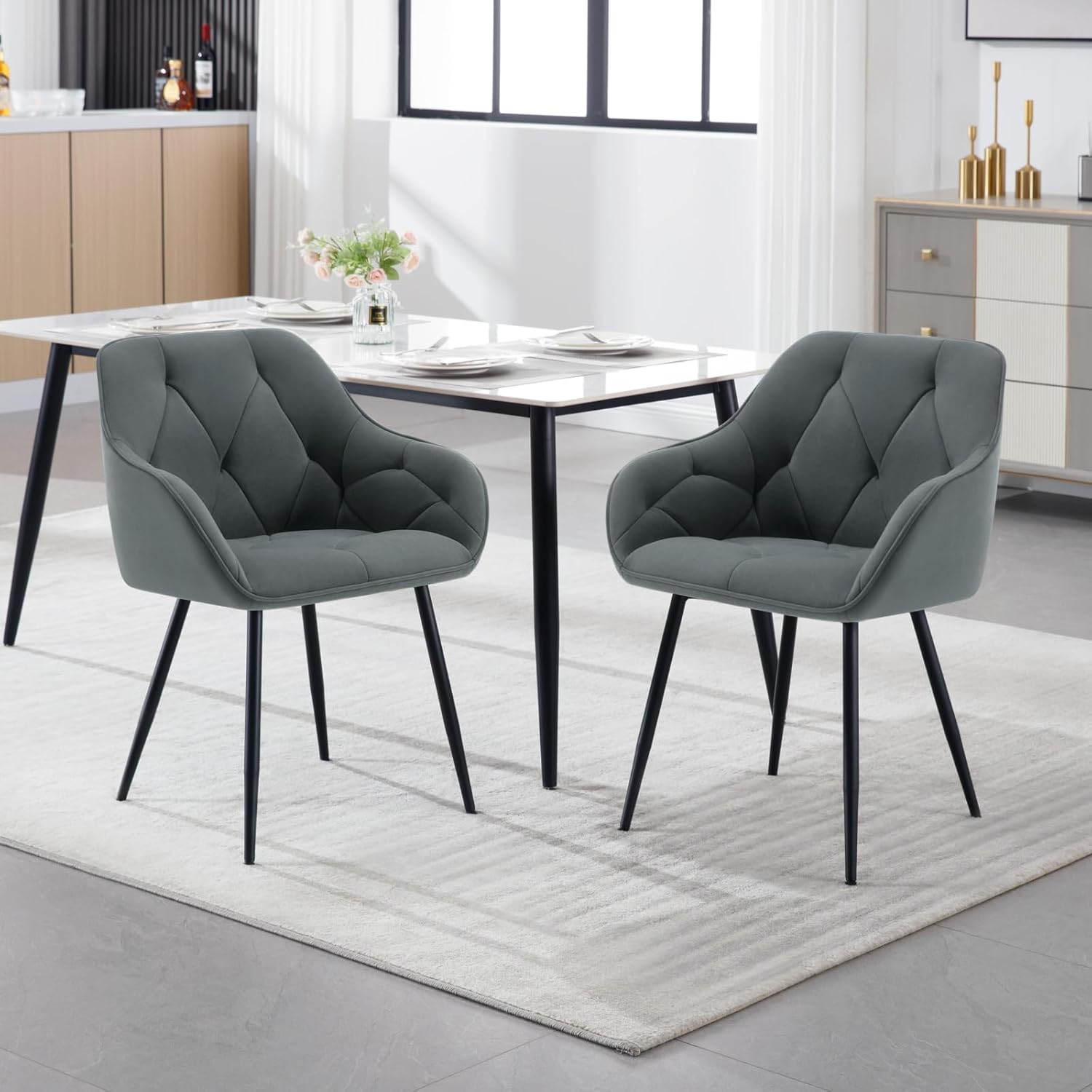 WOLTU Set di 6 Sedie da Pranzo con Braccioli e Schienale, Sedie Cucina Moderna in Velluto, Poltrone da Salotto con Gambe in Metallo, Sedie ergonomiche per Ufficio, Bar, Grigio Scuro, EZS02dgr-6