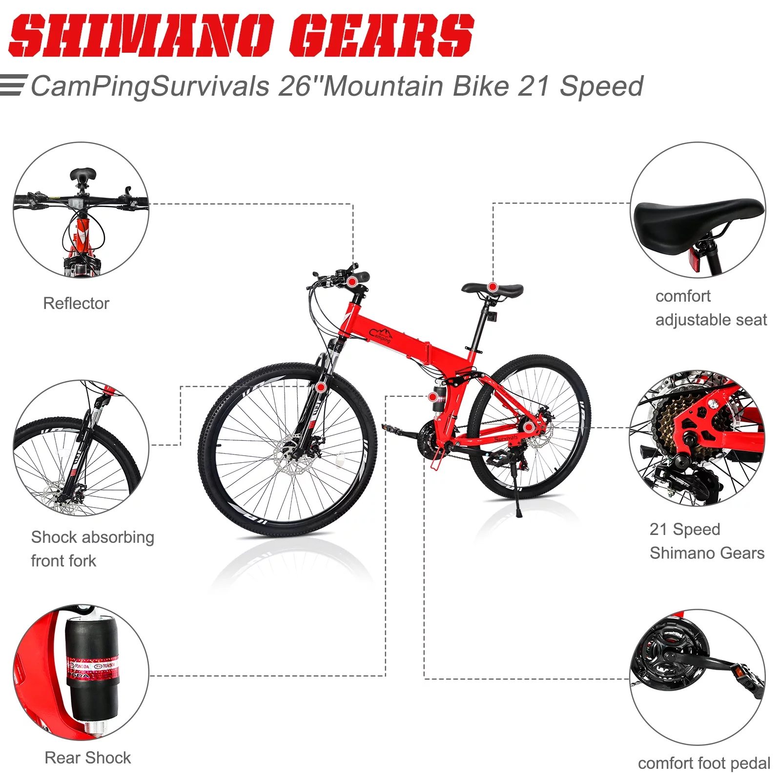 iRerts 26&prime;&prime; Folding Mountain Bike, 21 Speed, Dual Disc Brakes, Carbon Steel Frame, Adjustable Saddle, Red/Black