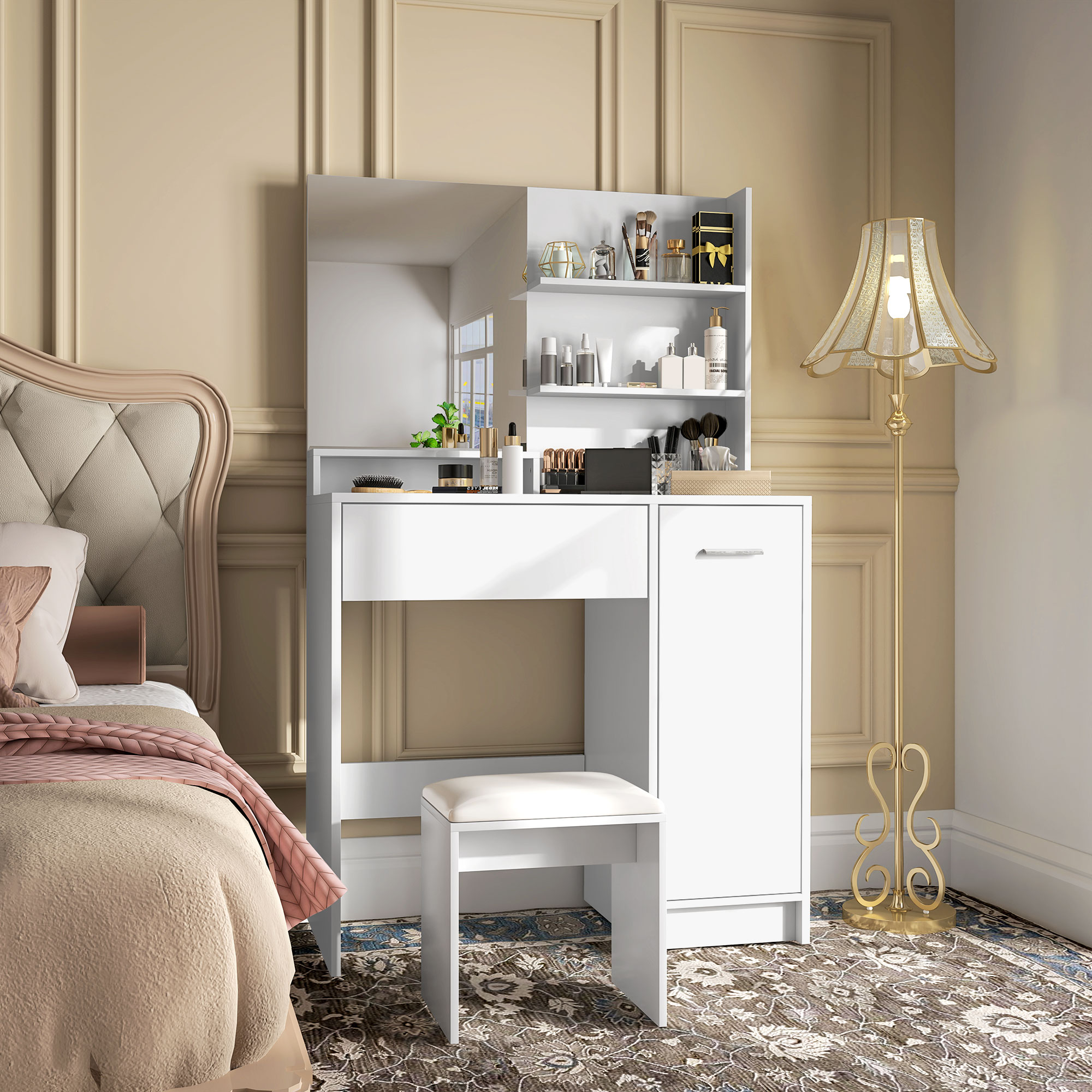 HOMCOM Frisiertisch-Set mit Spiegel und Hocker, Schublade, Aufbewahrungsschrank verstellbares Regal für Schlafzimmer 80l x 40T x 132H cm, weiß