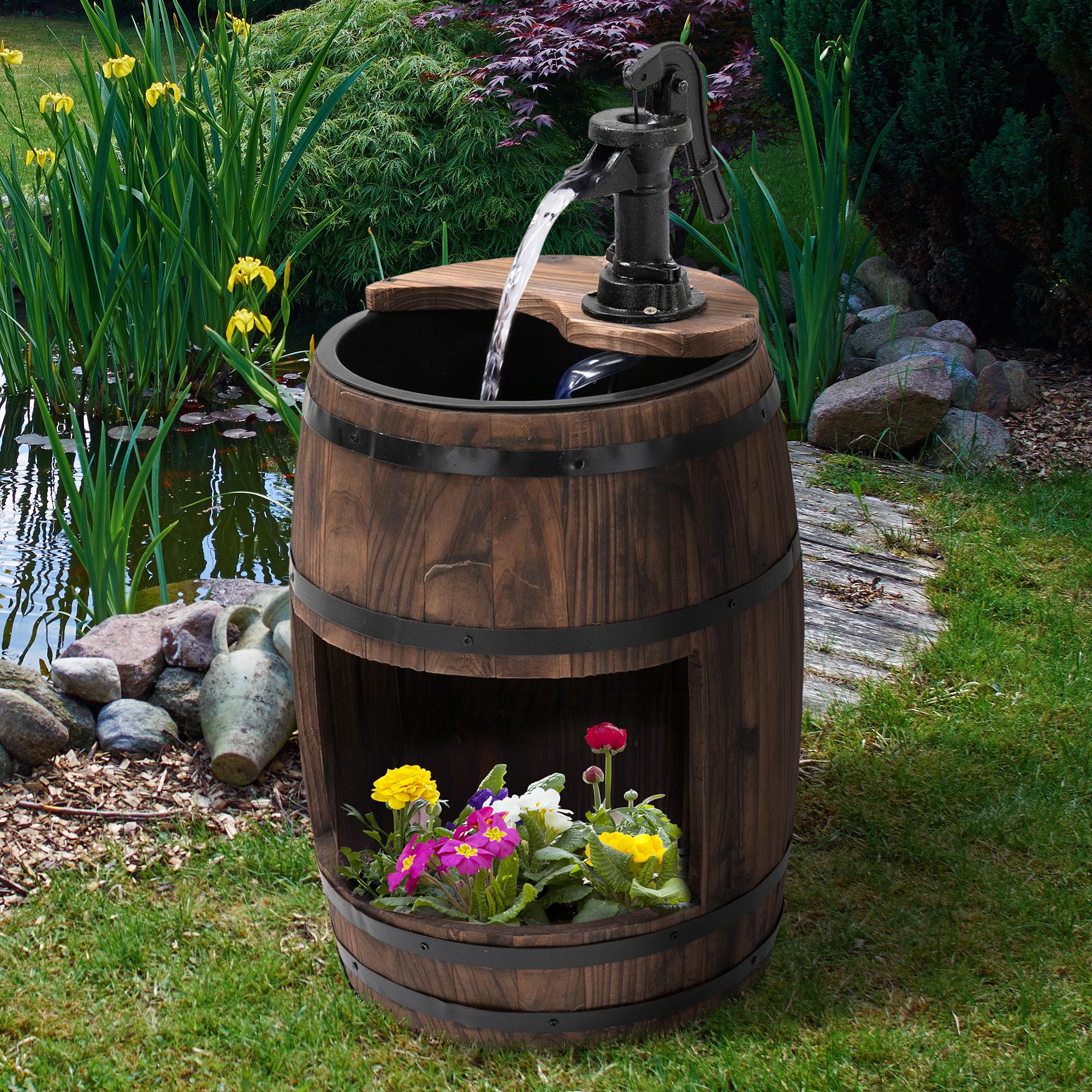 Outsunny Gartenbrunnen Zierbrunnen Springbrunnen Fassbrunnen Wasserfall Holzfass mit Pflanzgefäß Tannenholz Dunkelbraun Ø27 x 59 cm