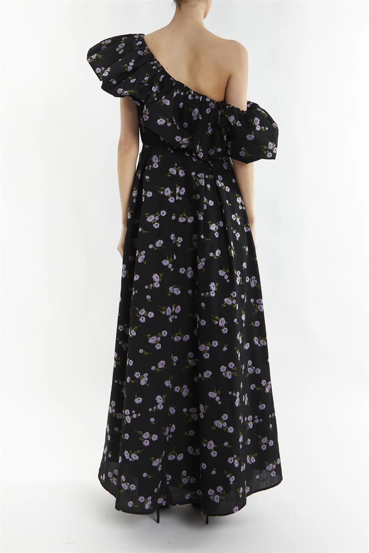 Blake Black-Lilac Brocade Puff One Shoulder Maxi-Dress