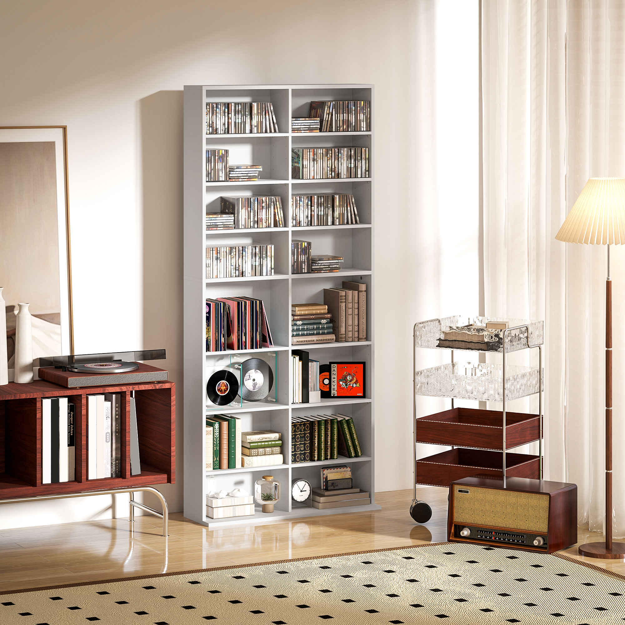 HOMCOM DVD-Rek, CD-Opslagrek, 14 Aanpasbare Planken, 18 Vakken, 175 cm, Blu-ray-Rek, Spaanplaat, Wit