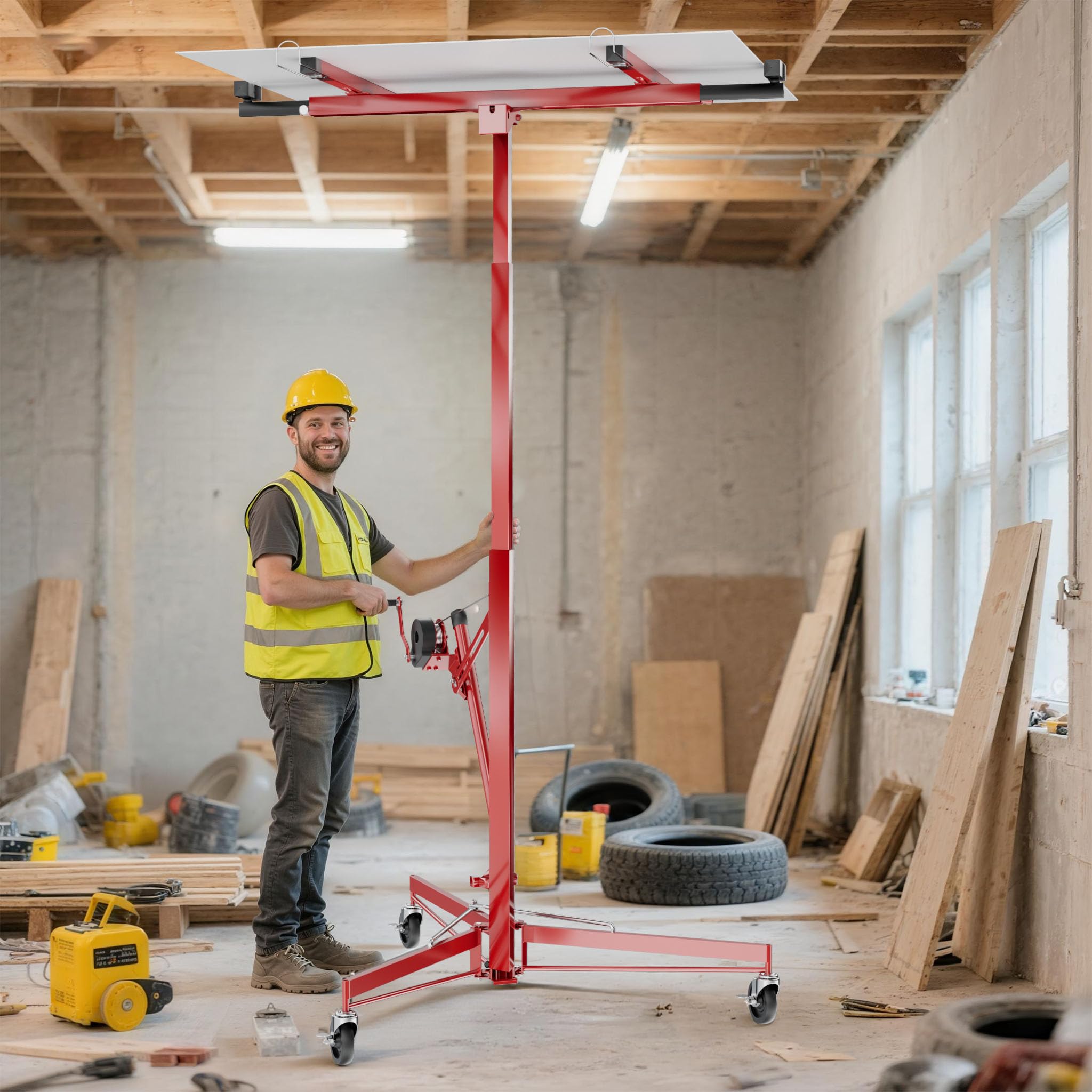 Wiltec XXL Plattenheber 68 kg 140 bis 350 cm hoch 2,90 m breit Einmannbedienung 3 Räder Feststellbremse rot