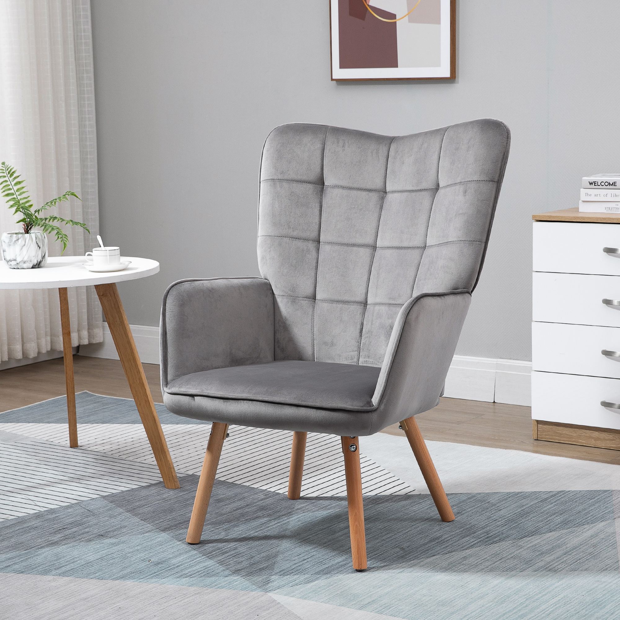 HOMCOM Wohnzimmerstuhl, Einzelsessel mit Rückenlehne, samtartiges Polyester, Schaumstoff, Buchenholz, 71 x 76 x 101 cm, Grau