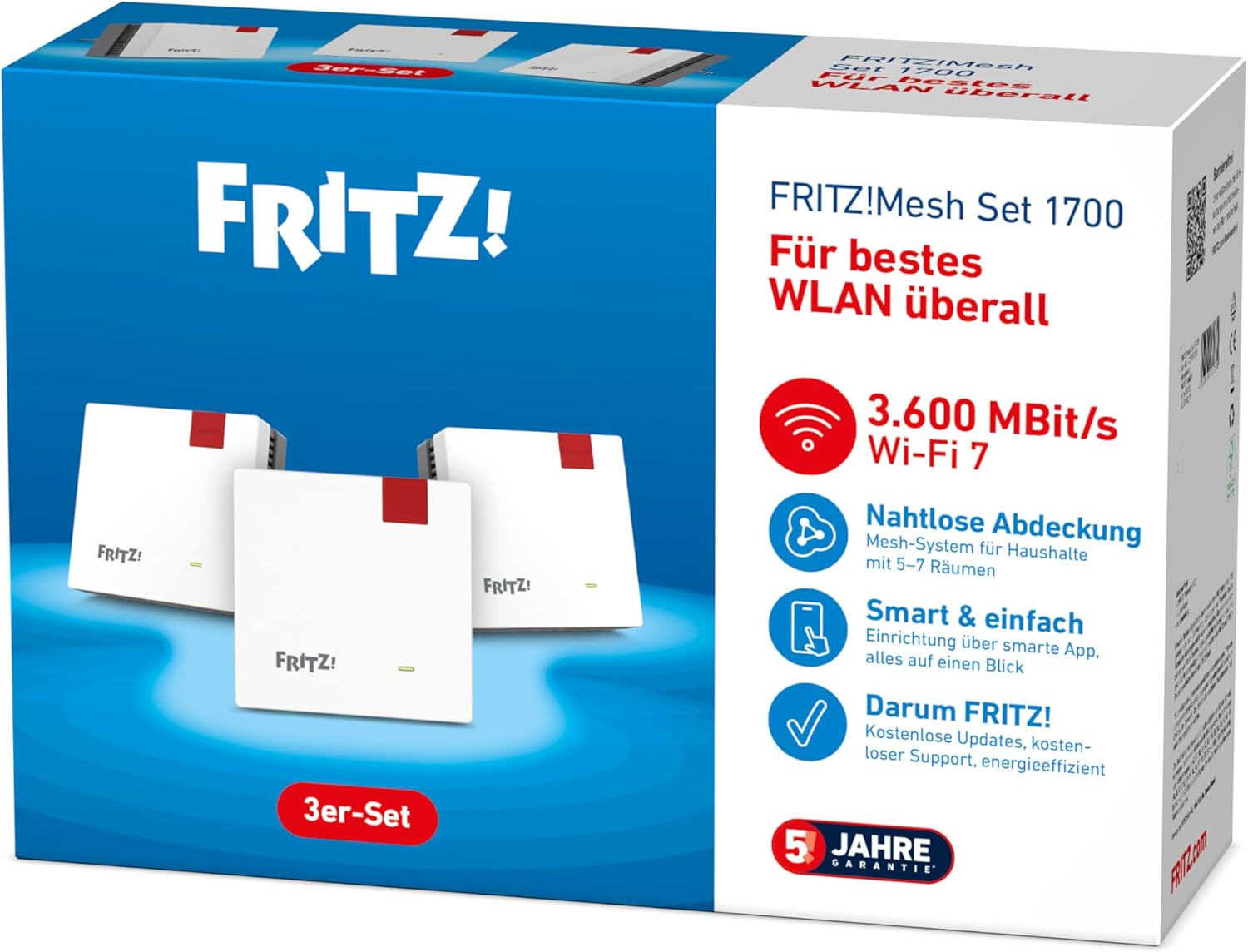 FRITZ!Mesh Set 1700 3er-Set | schnelles Wi-Fi 7 bis zu 3.600 MBit/s | WLAN-Abdeckung für 5-7 Räume | ideal für Internetrouter oder Glasfasermodem (ONT) | einfache Einrichtung | Made in Europe