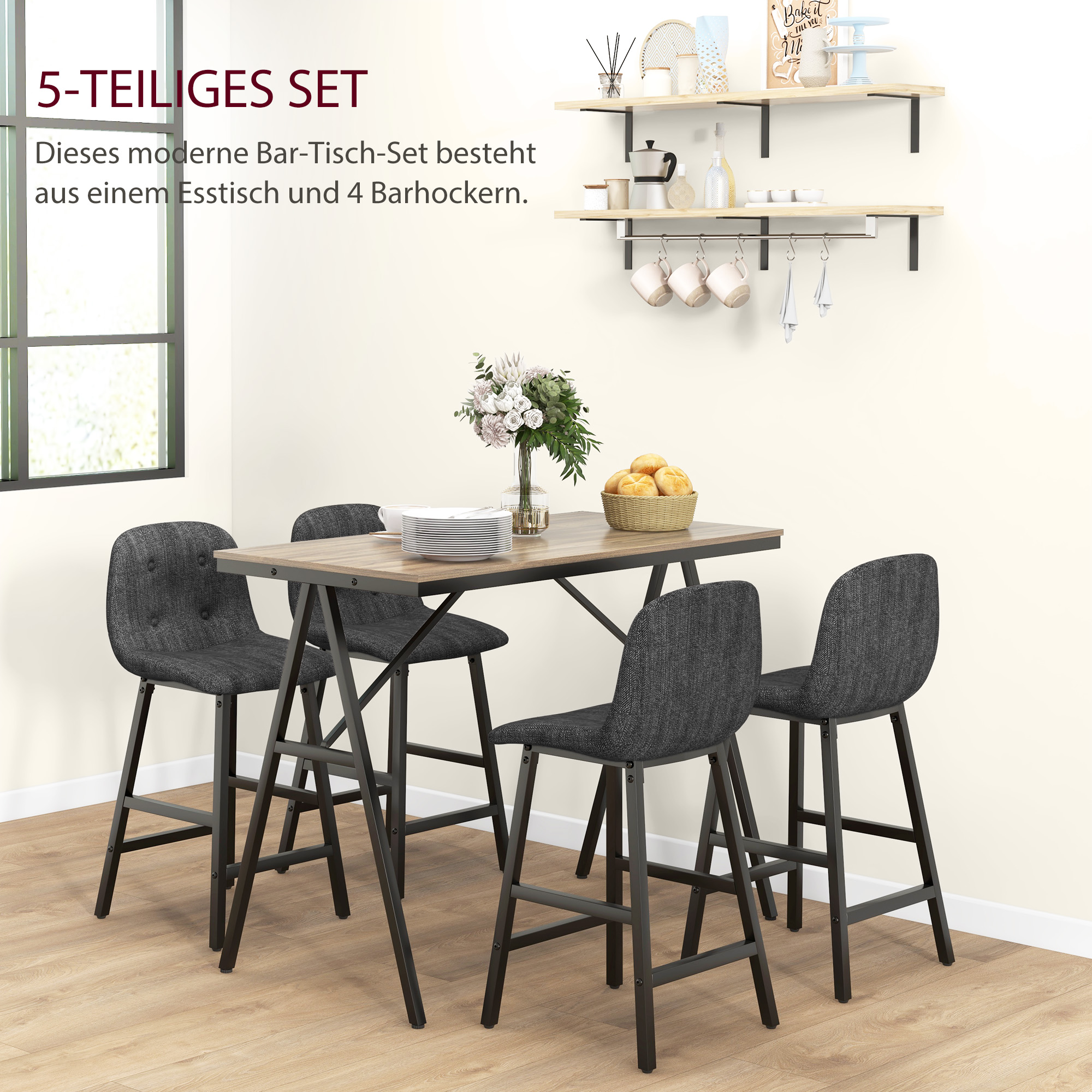 5-delige Bargarnituur, Tafel en 4 Stoelen, Knoopafwerking, Dikke Bekleding, Linnenlook, Donkergrijs