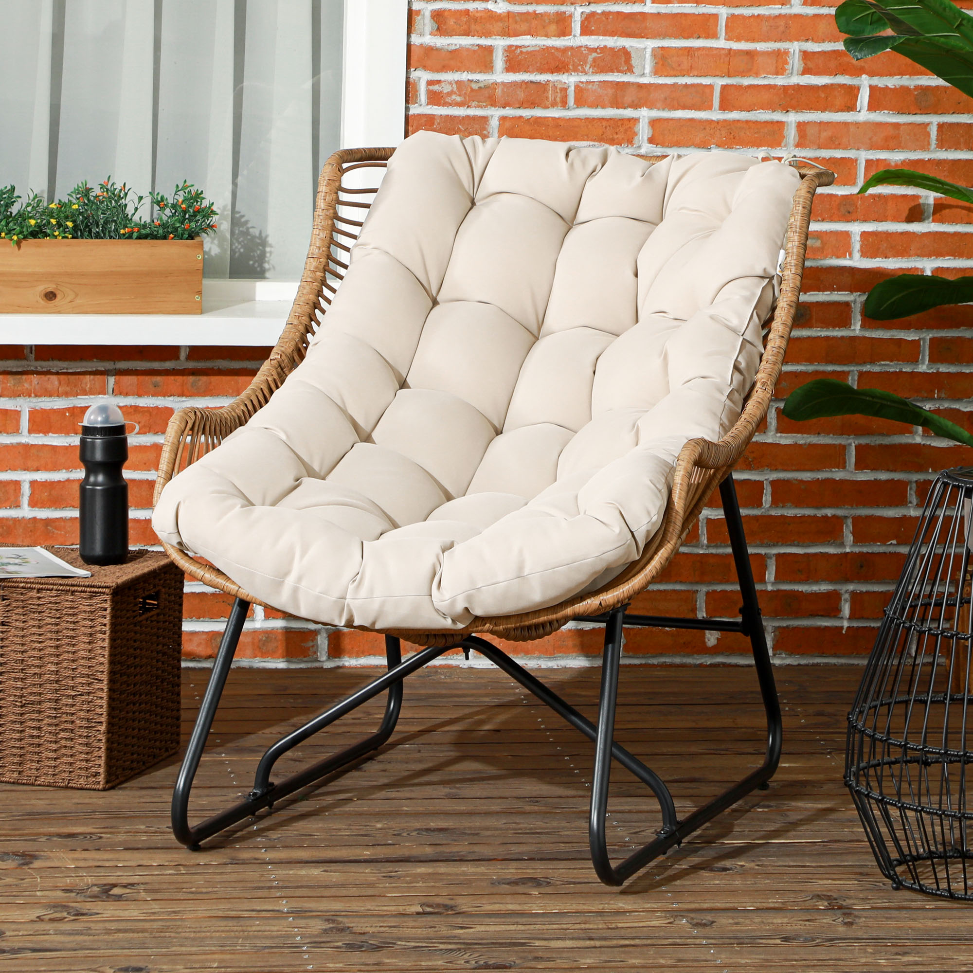 Outsunny Garten Lounge, Rattanoptik, Outdoor Sessel, mit Auflage, Metallrahmen, 75x101x90 cm, Natur/Khaki/Schwarz
